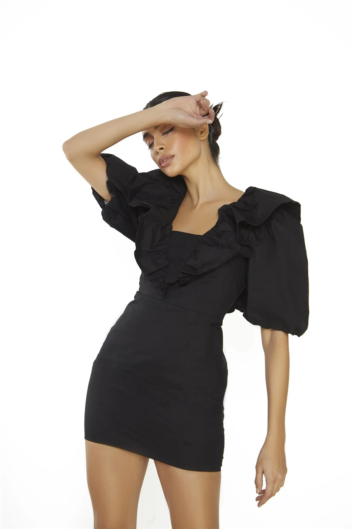 Black Ruffle Puff Shoulder Mini Dress - Image 2