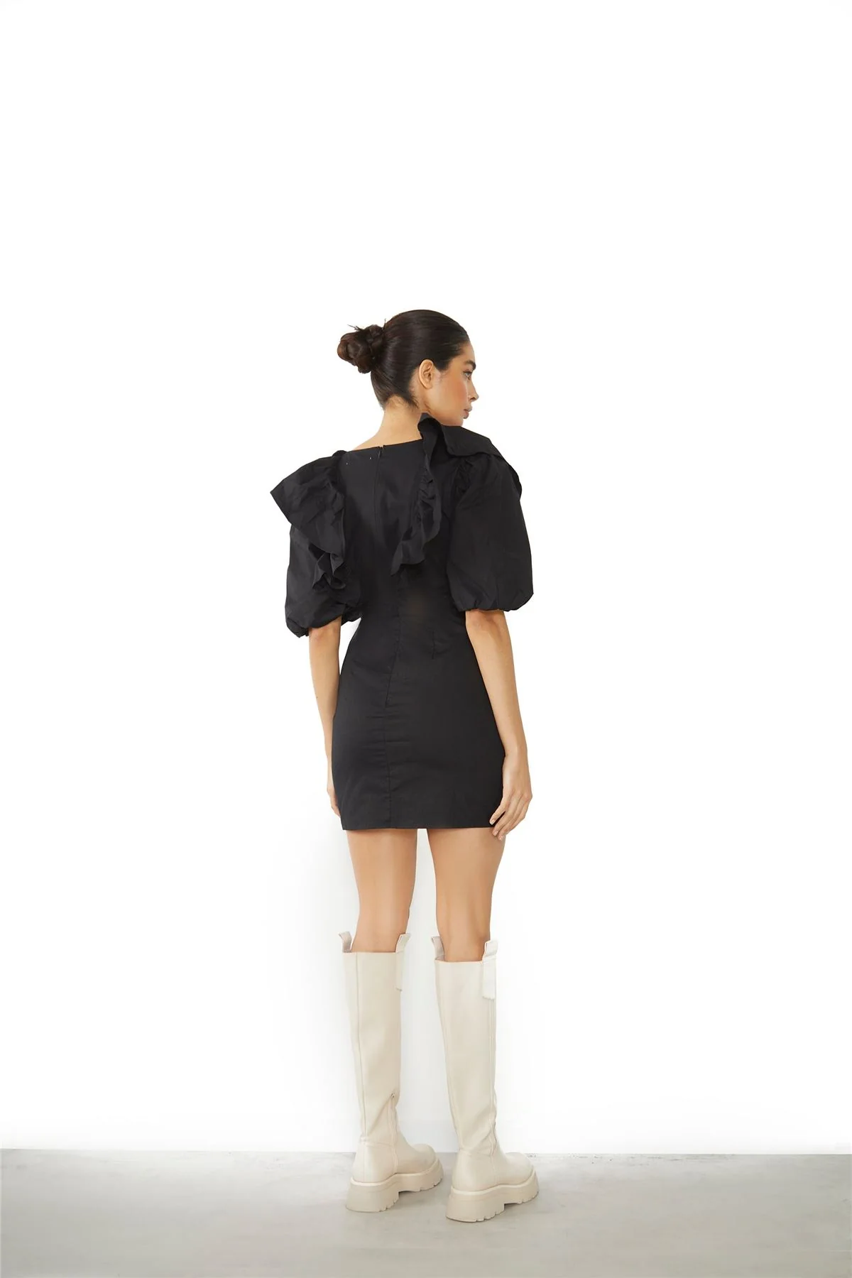 Black Ruffle Puff Shoulder Mini Dress - Image 5