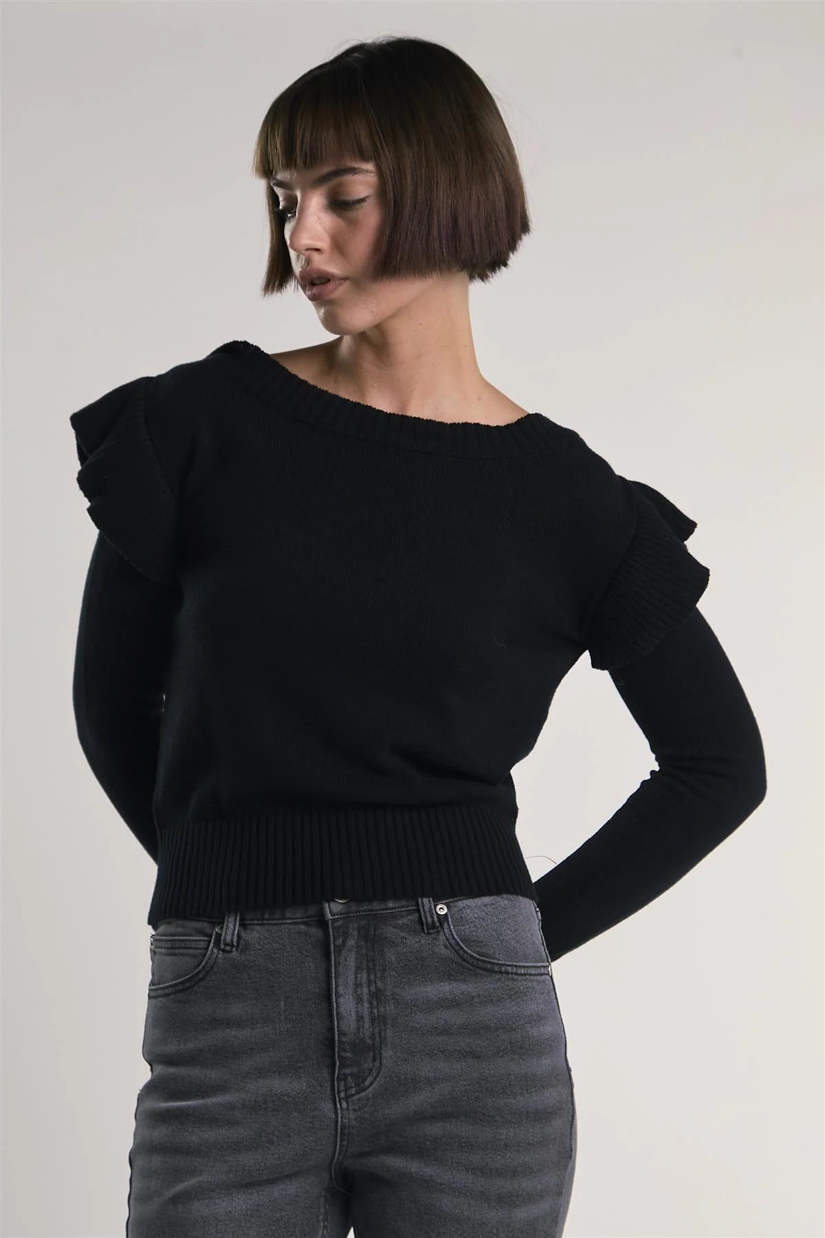 Black Ruffle Shoulder Sweater - Image 3
