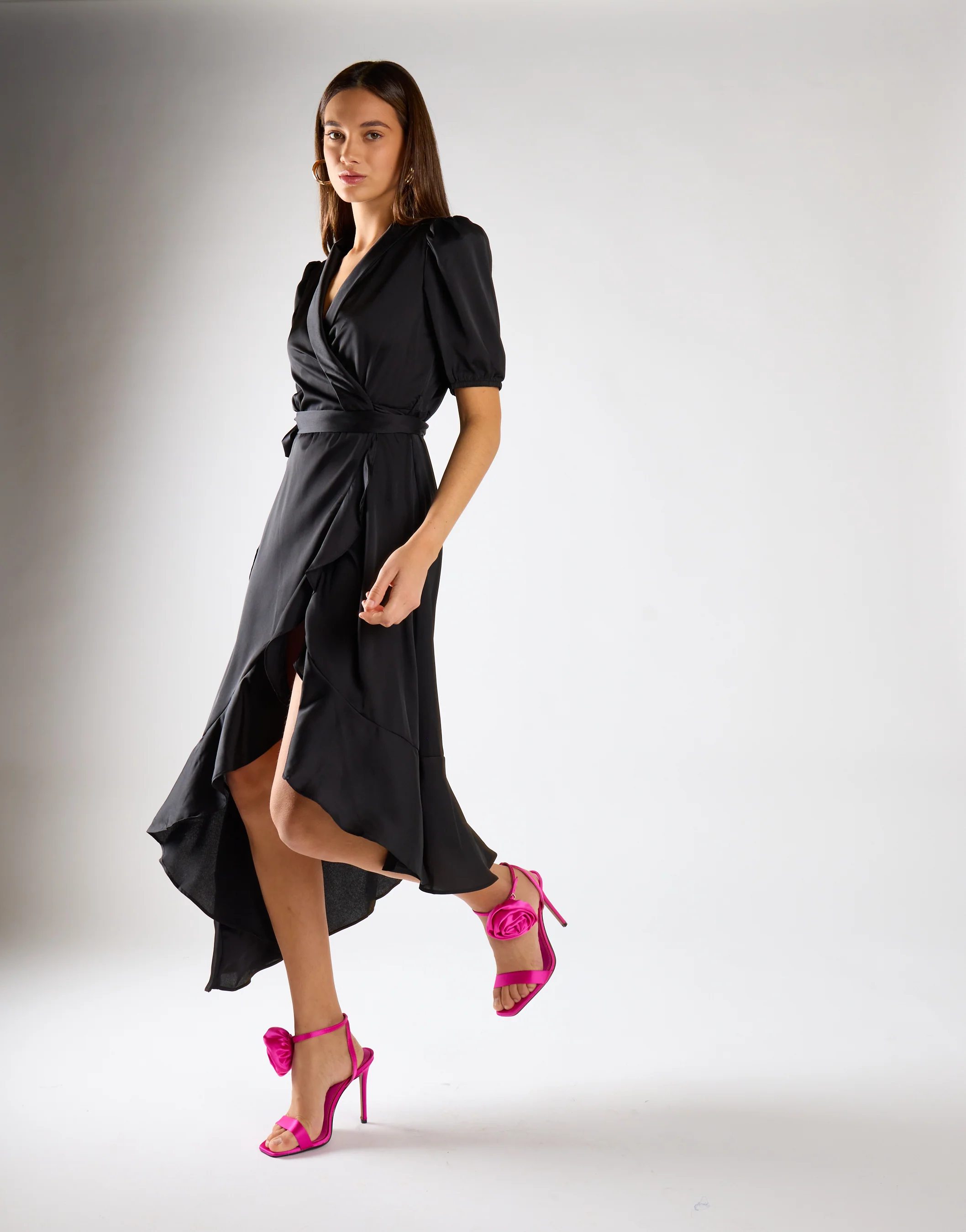 Black Sateen Crossover-Tie Mini Dress - Image 3