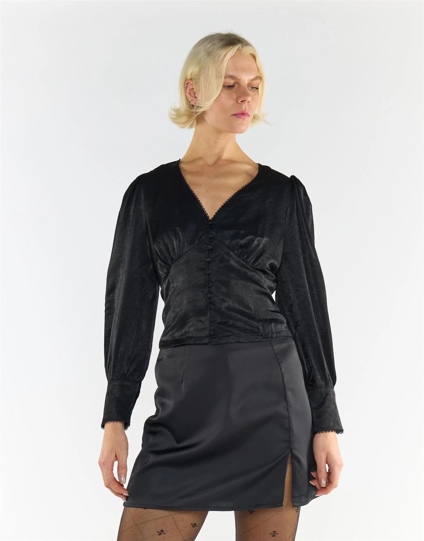 Black Sateen Long Sleeve Blouse - Image 4
