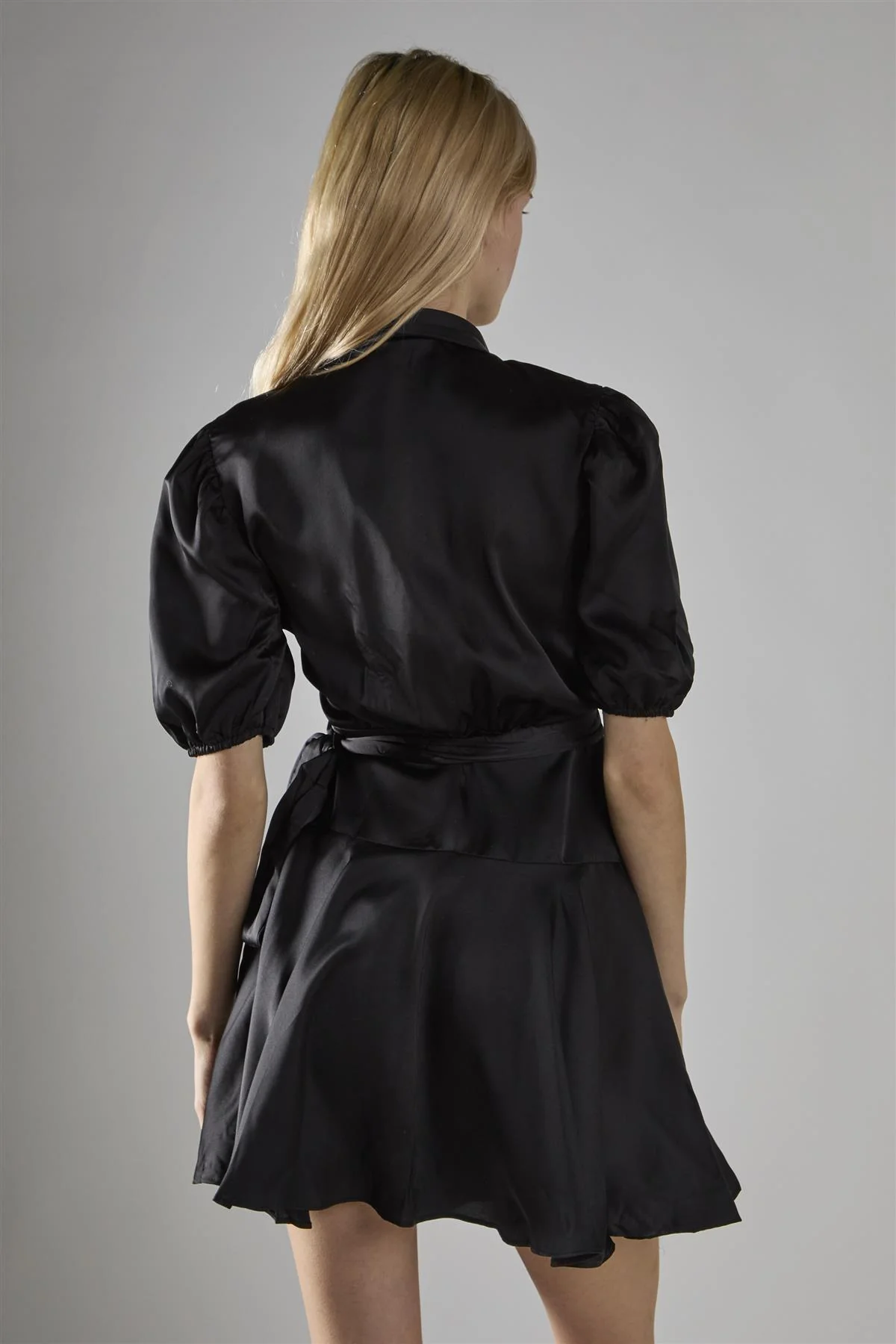 Black Sateen V-Neck Wrap Mini-Dress - Image 2