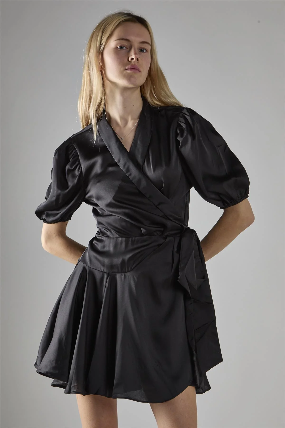 Black Sateen V-Neck Wrap Mini-Dress - Image 3