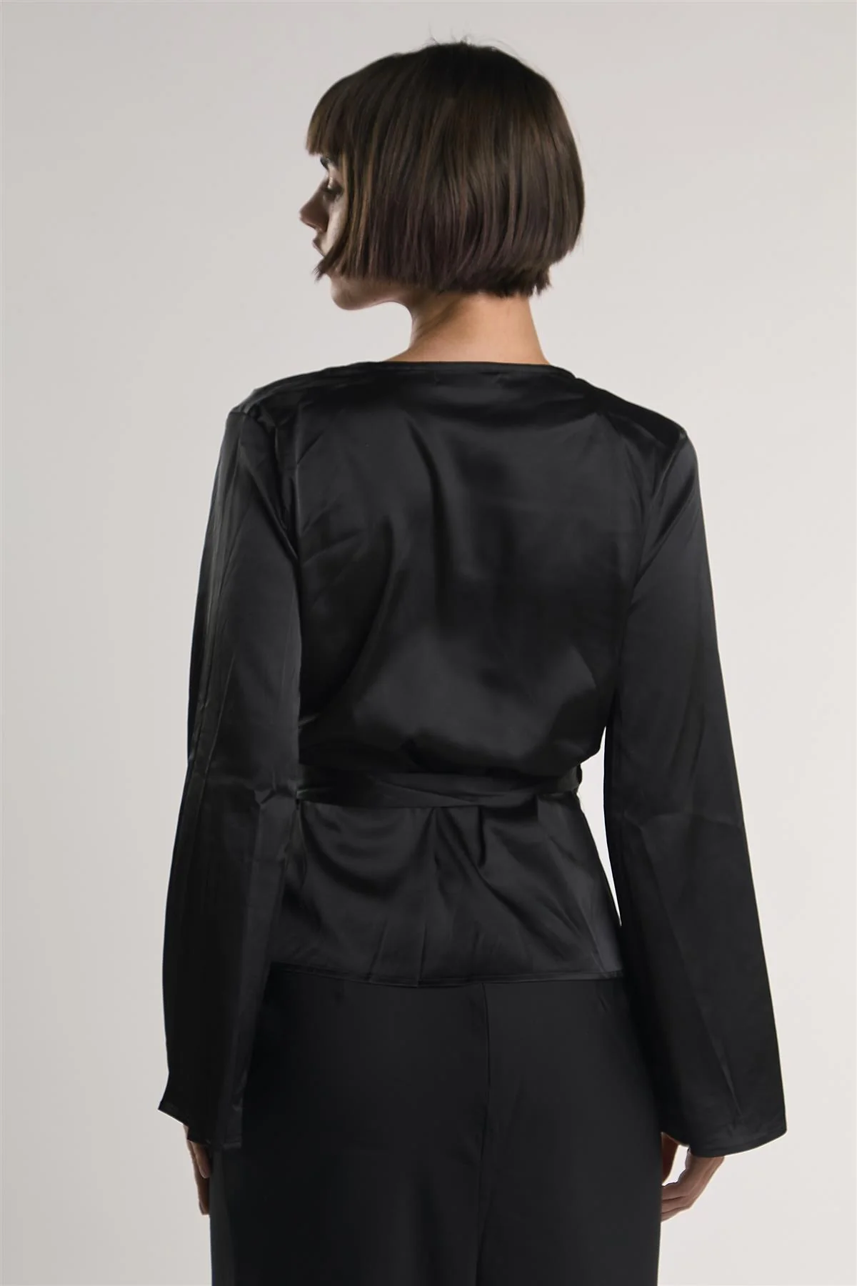 Black-Sateen Long Sleeve Wrap Top - Image 2
