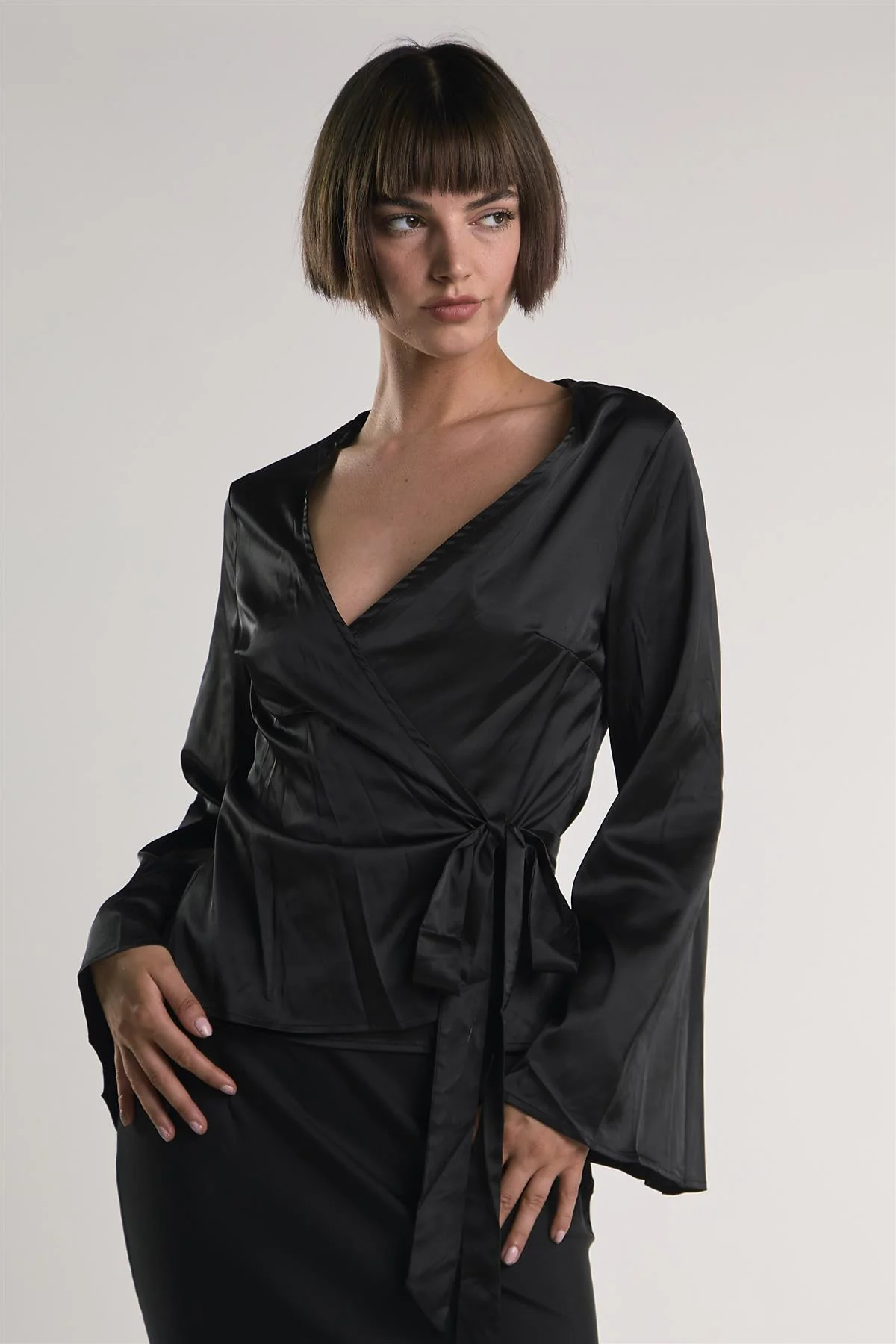 Black-Sateen Long Sleeve Wrap Top - Image 3