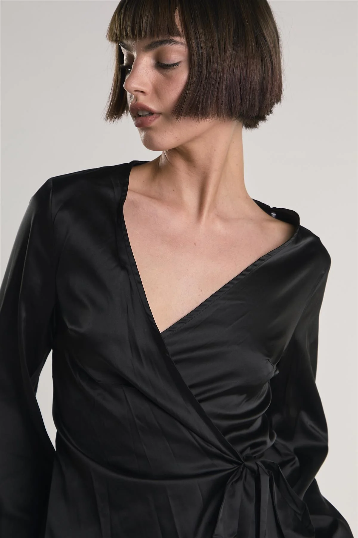 Black-Sateen Long Sleeve Wrap Top - Image 4