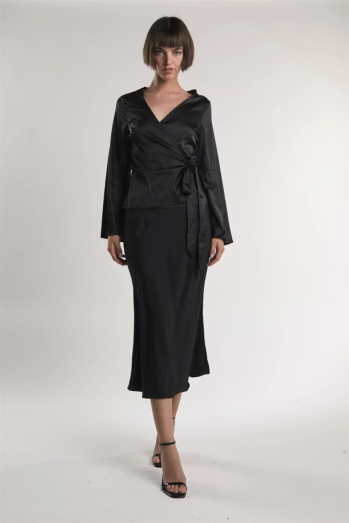 Black-Sateen Long Sleeve Wrap Top - Image 5