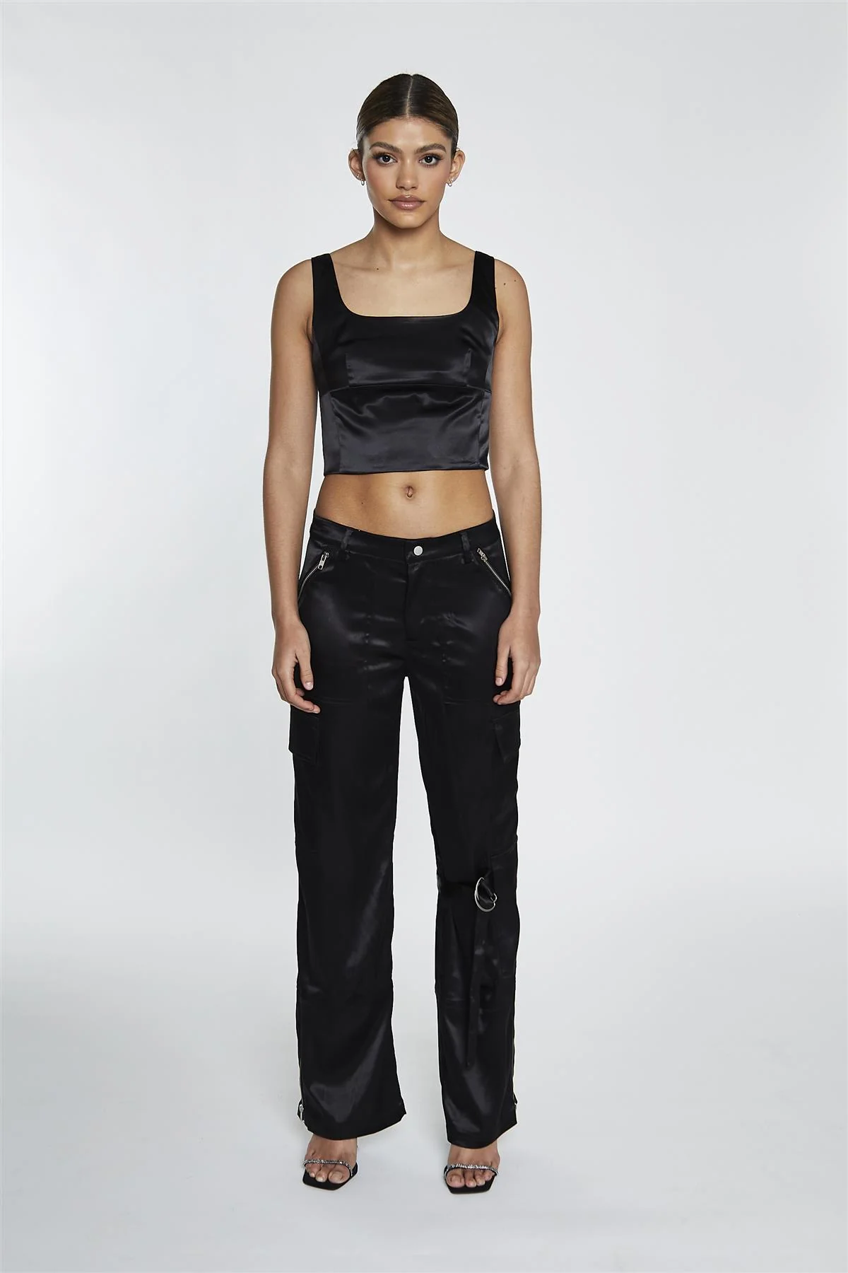Black Satin D-Ring Detail Trousers - Image 3