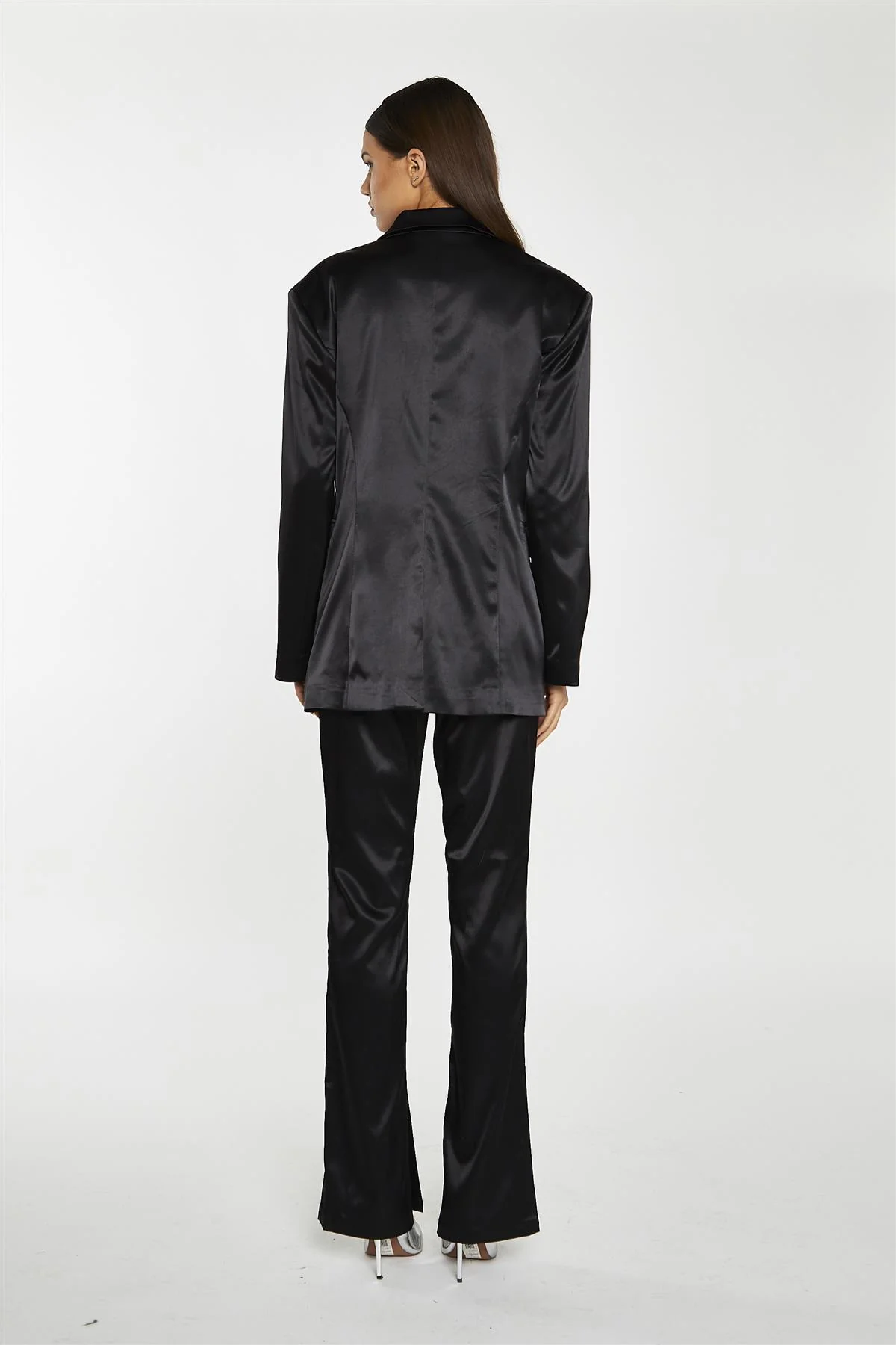 Black Satin High Waisted Wide Leg Trousers - Image 3
