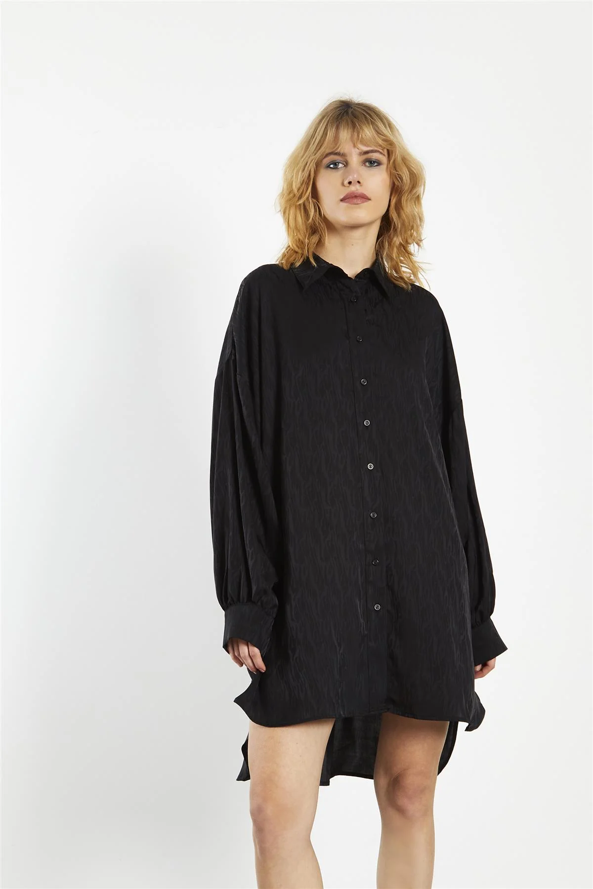 Black Satin-Jacquard Shirt-Dress - Image 3