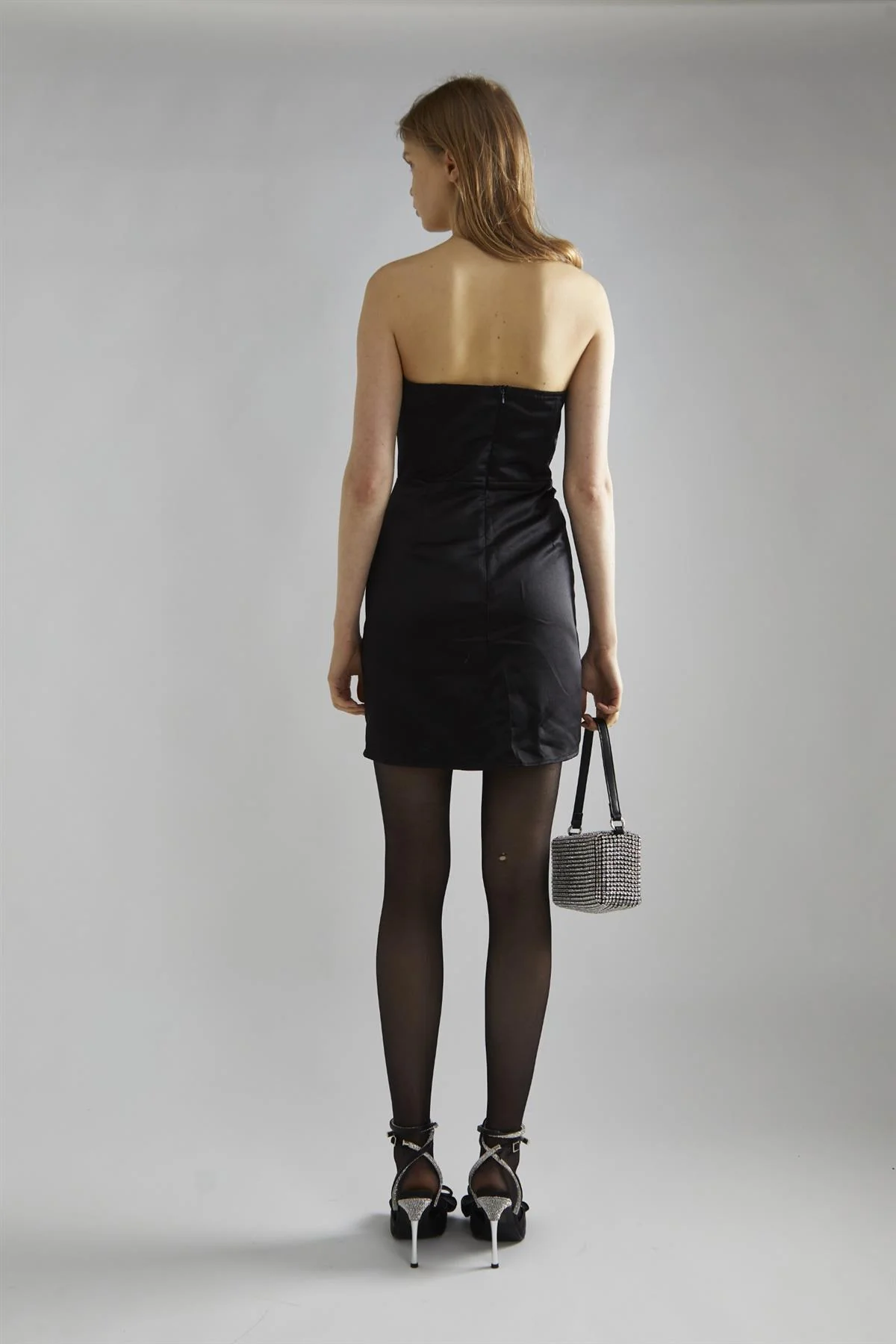 Black-Satin Rhinestone-Trim Mini-Dress - Image 2
