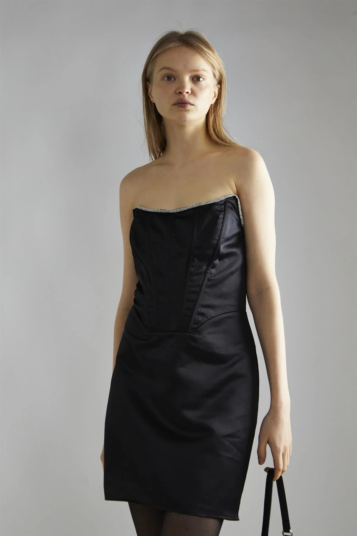 Black-Satin Rhinestone-Trim Mini-Dress - Image 3