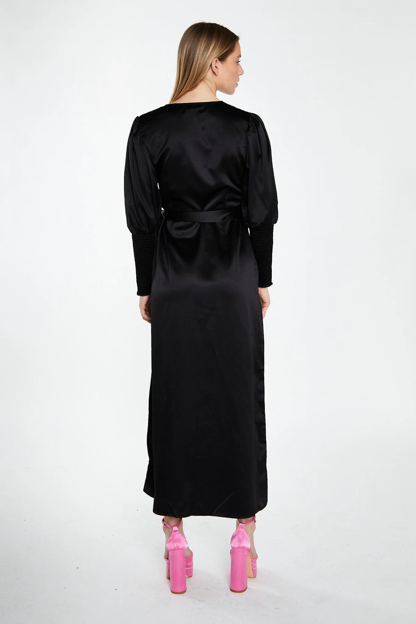Black-Satin Shirred Cuff Wrap Maxi-Dress - Image 2