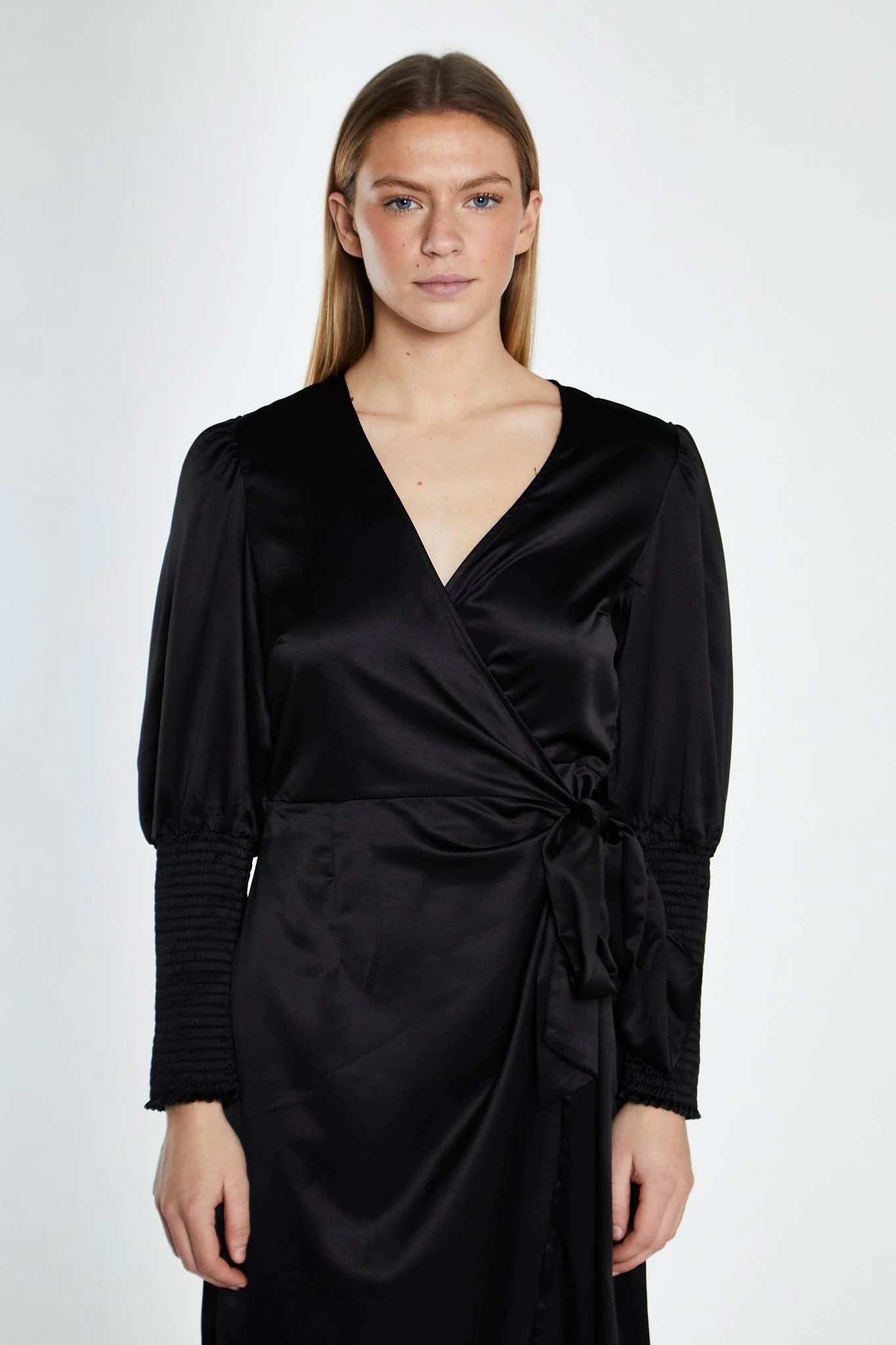 Black-Satin Shirred Cuff Wrap Maxi-Dress - Image 3