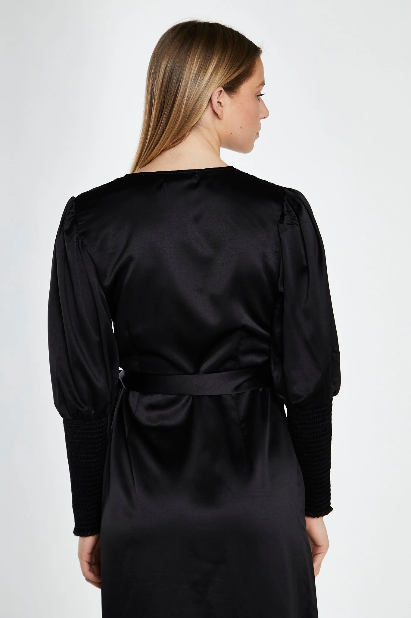 Black-Satin Shirred Cuff Wrap Maxi-Dress - Image 4