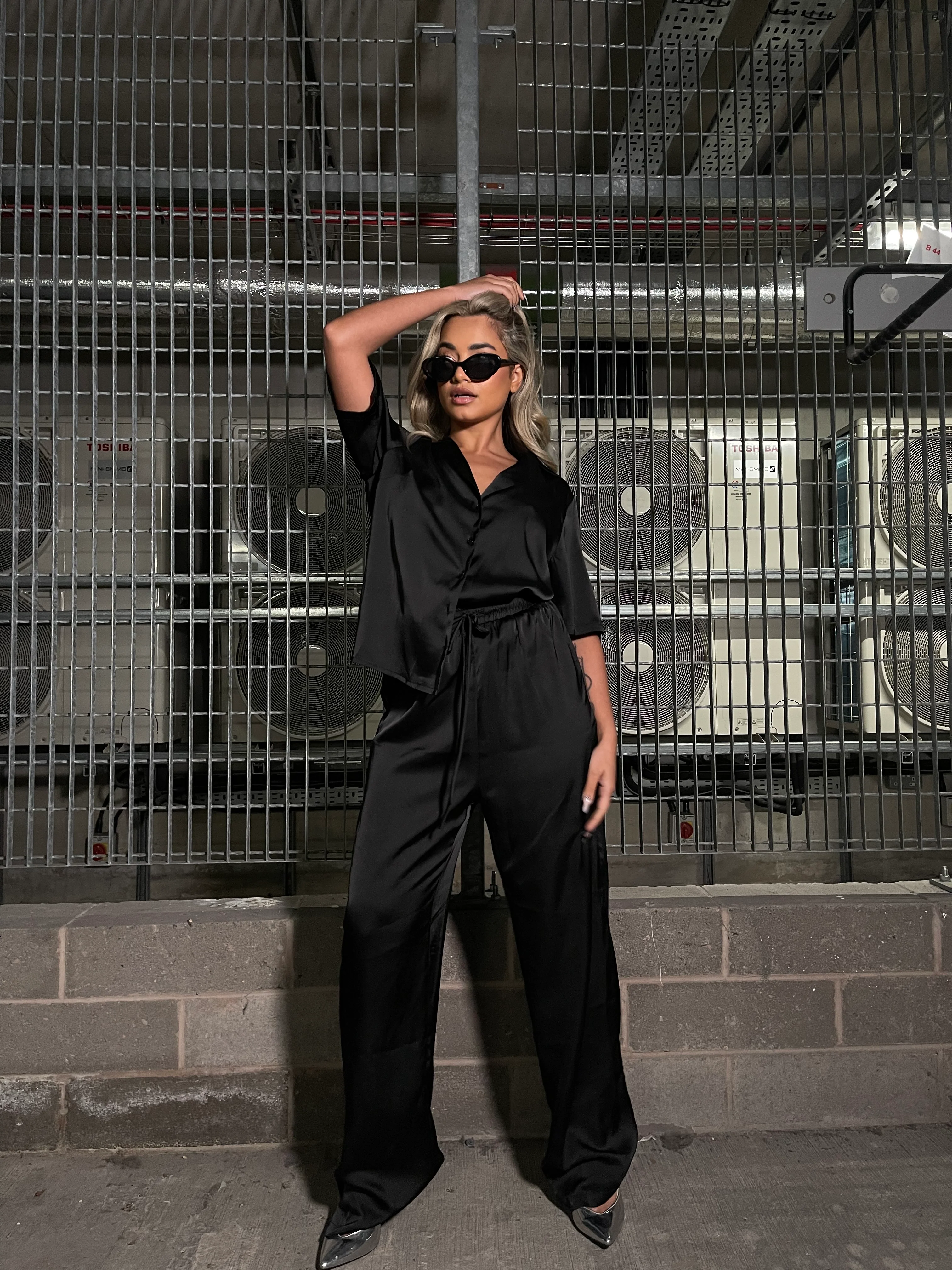 Black-Satin Wide Leg High Waisted-Trousers - Image 3