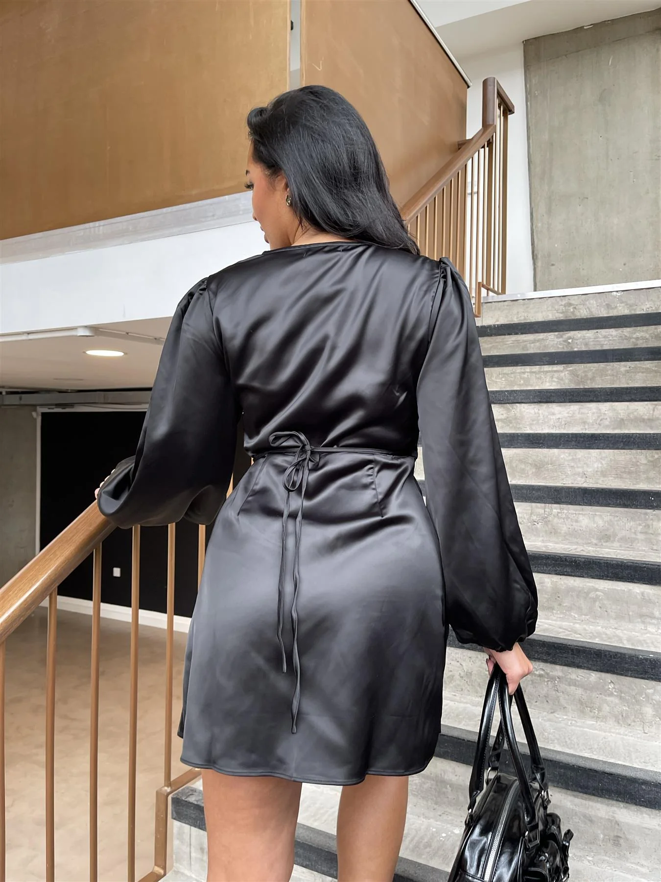 Black Satin Wrap Mini-Dress - Image 4
