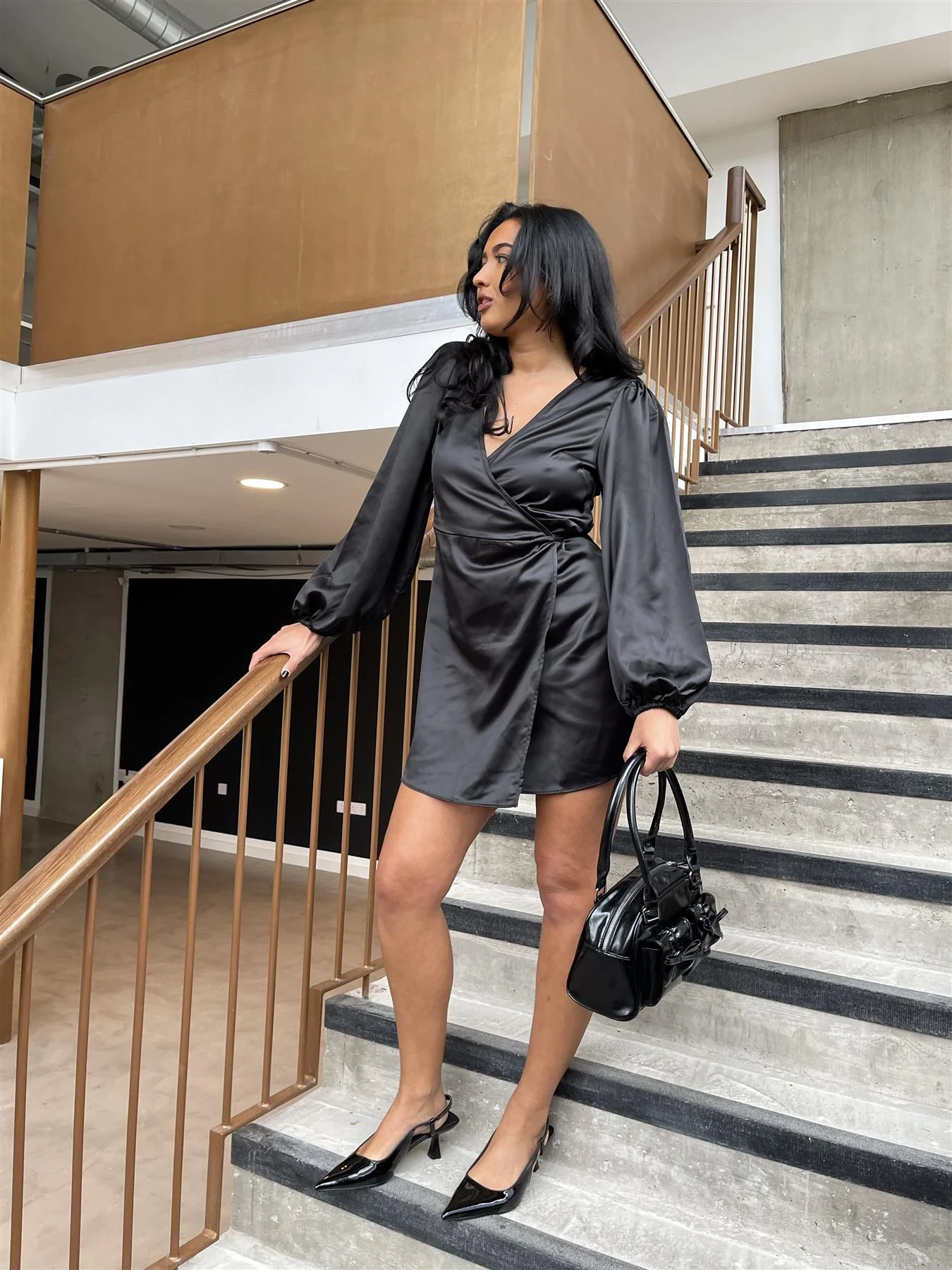 Black Satin Wrap Mini-Dress - Image 5