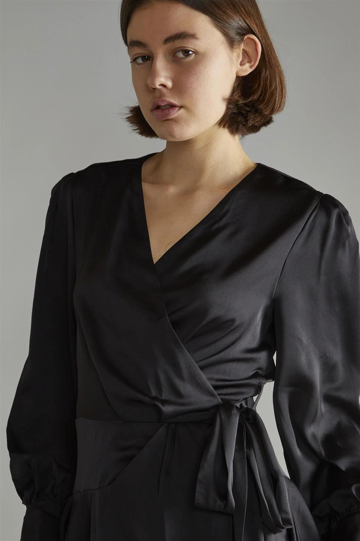 Black-Satin Wrap Mini-Dress - Image 3