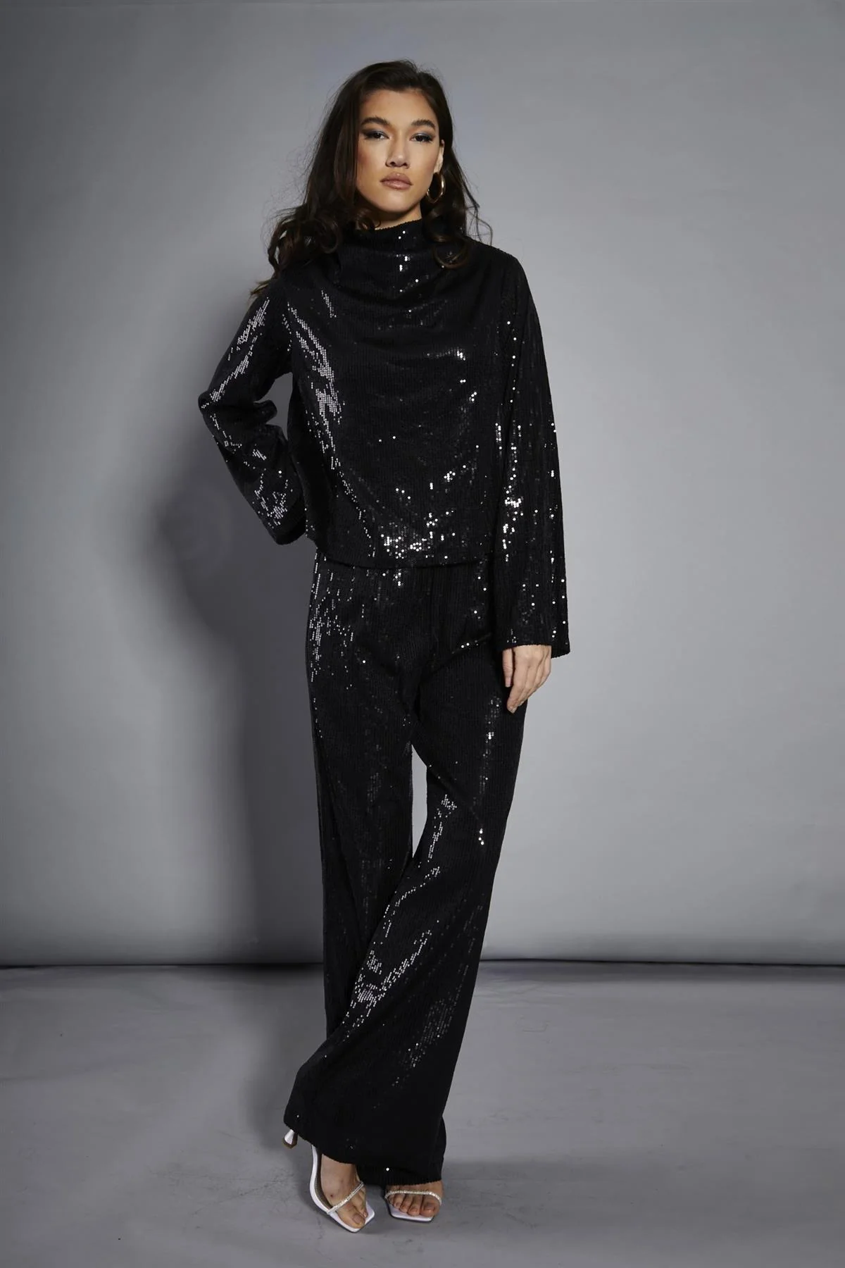 Black Sequin High-Neck Long Sleeve Blouse
