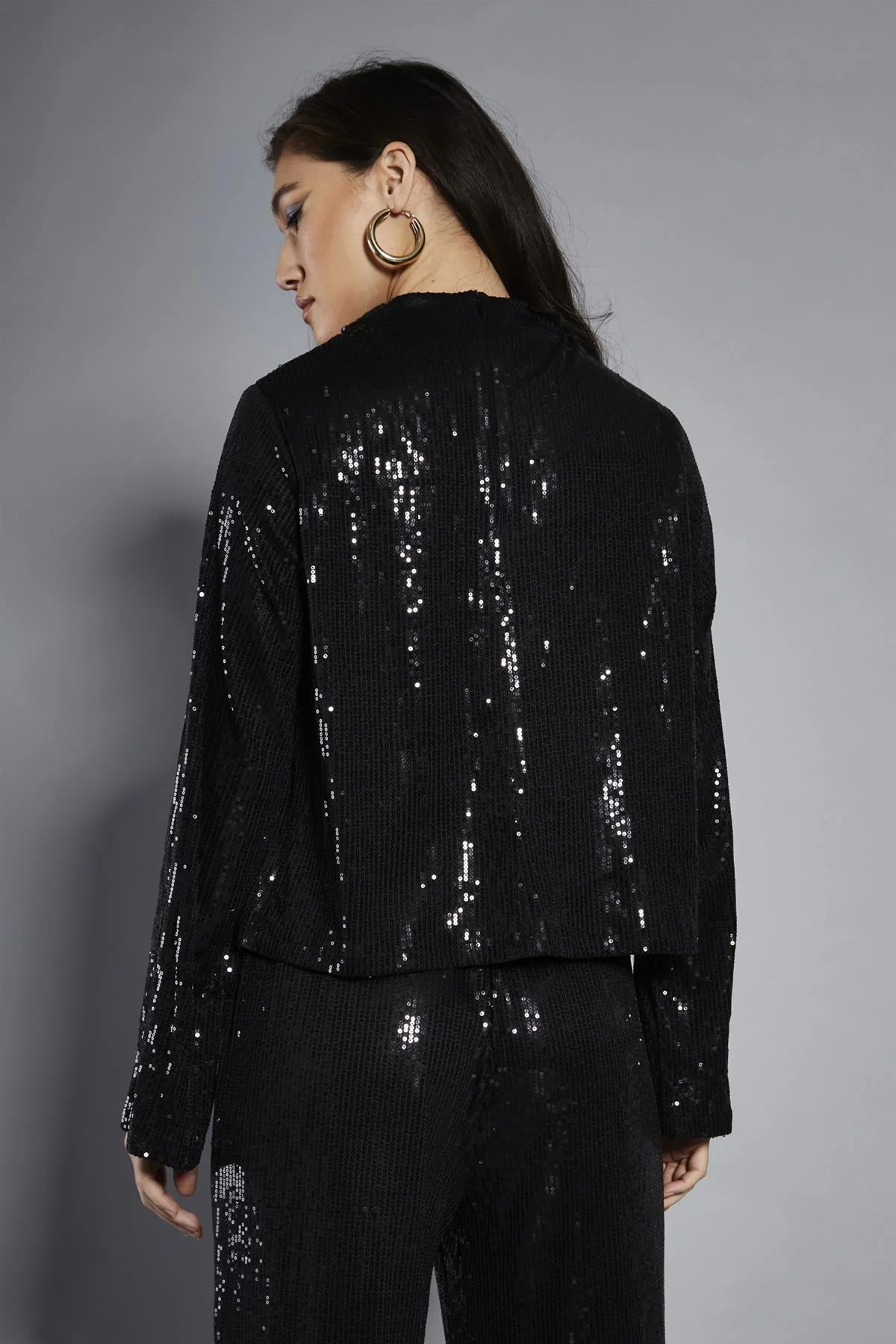 Black Sequin High-Neck Long Sleeve Blouse - Image 2
