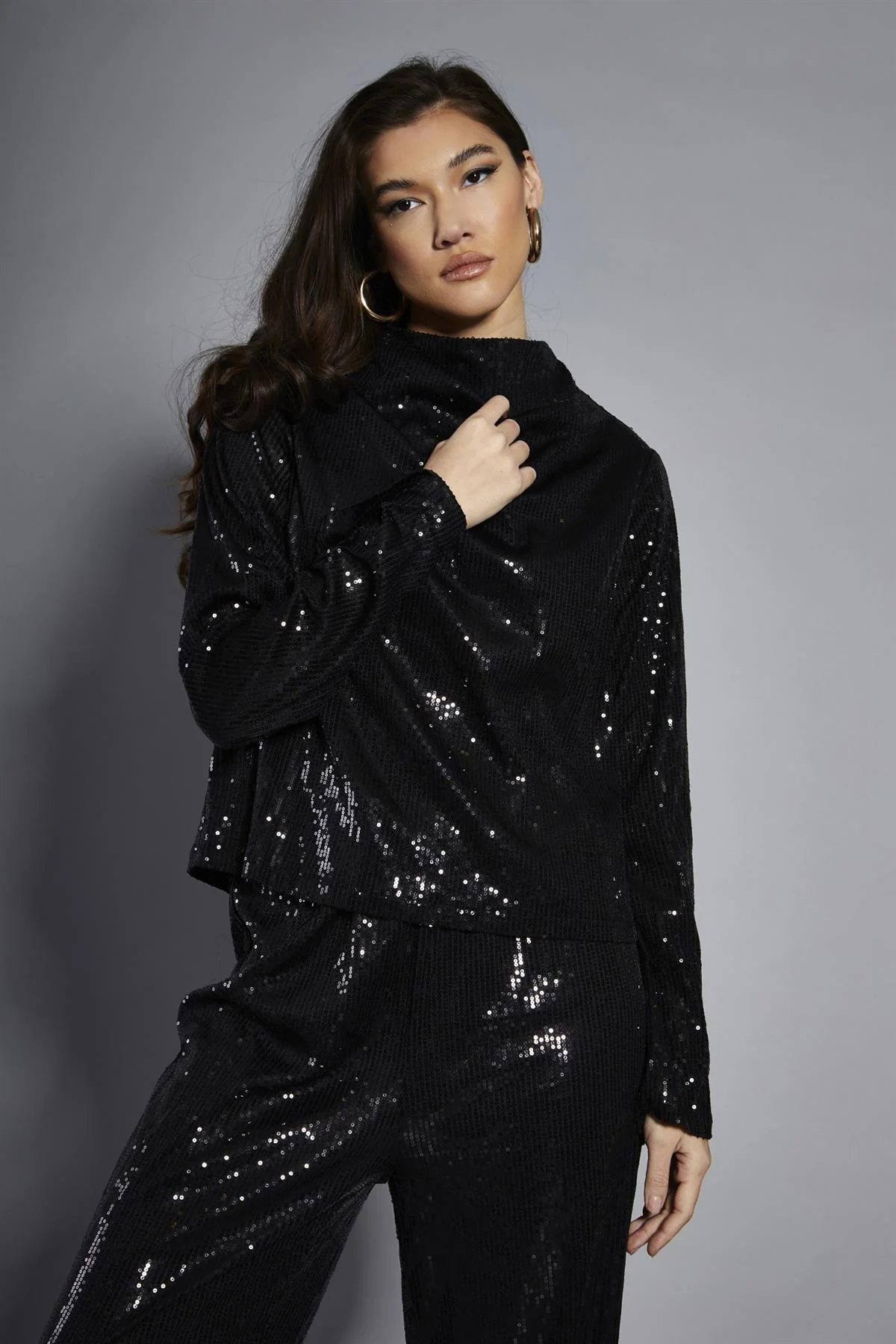 Black Sequin High-Neck Long Sleeve Blouse - Image 3