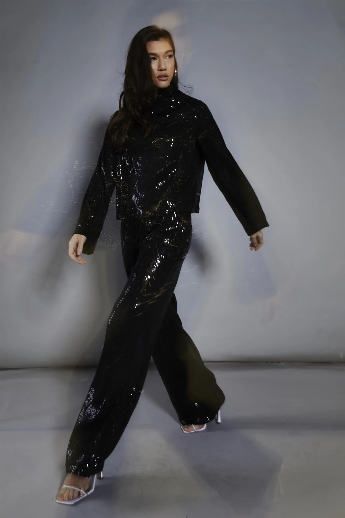 Black Sequin High-Neck Long Sleeve Blouse - Image 4