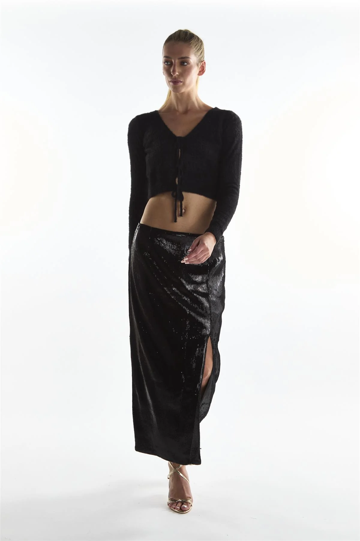 Black Sequin Leg-Split Midi Skirt