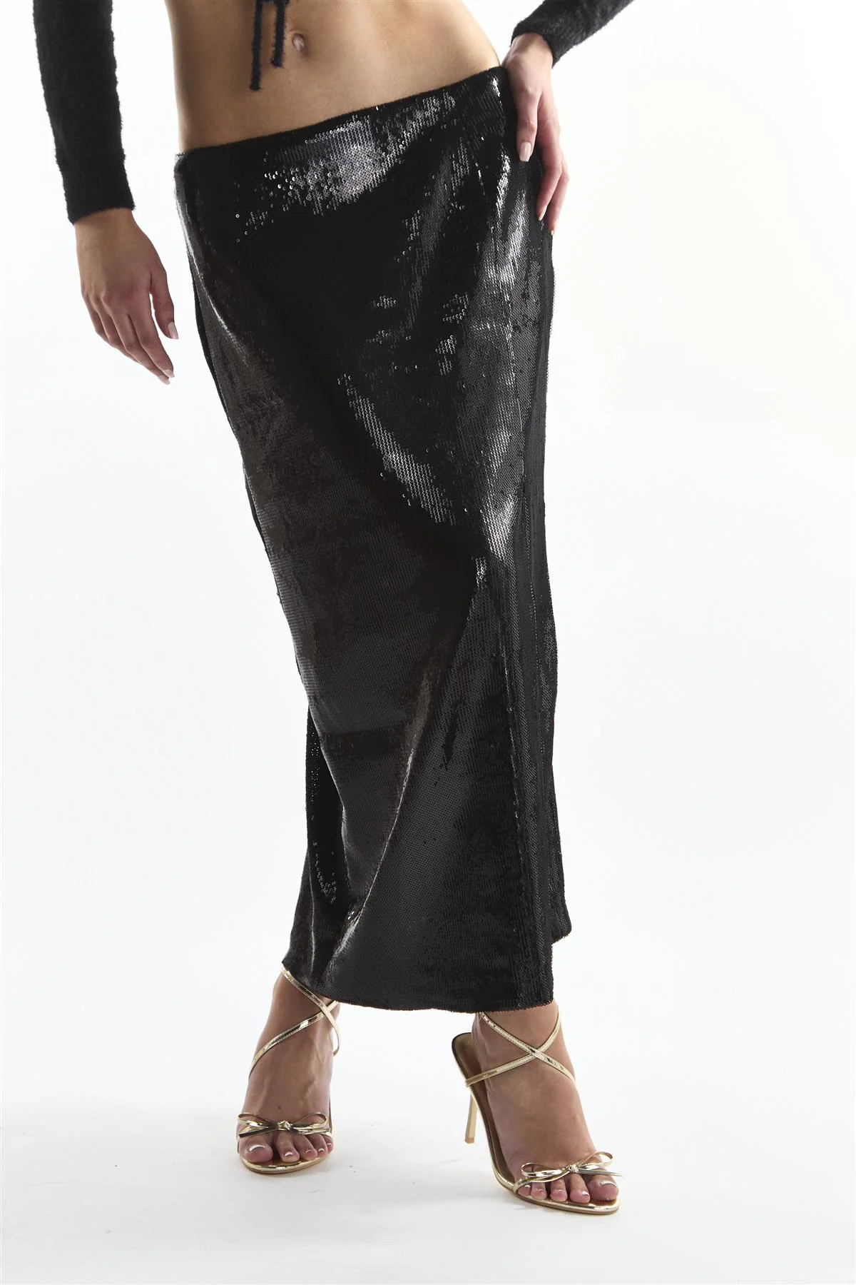 Black Sequin Leg-Split Midi Skirt - Image 3