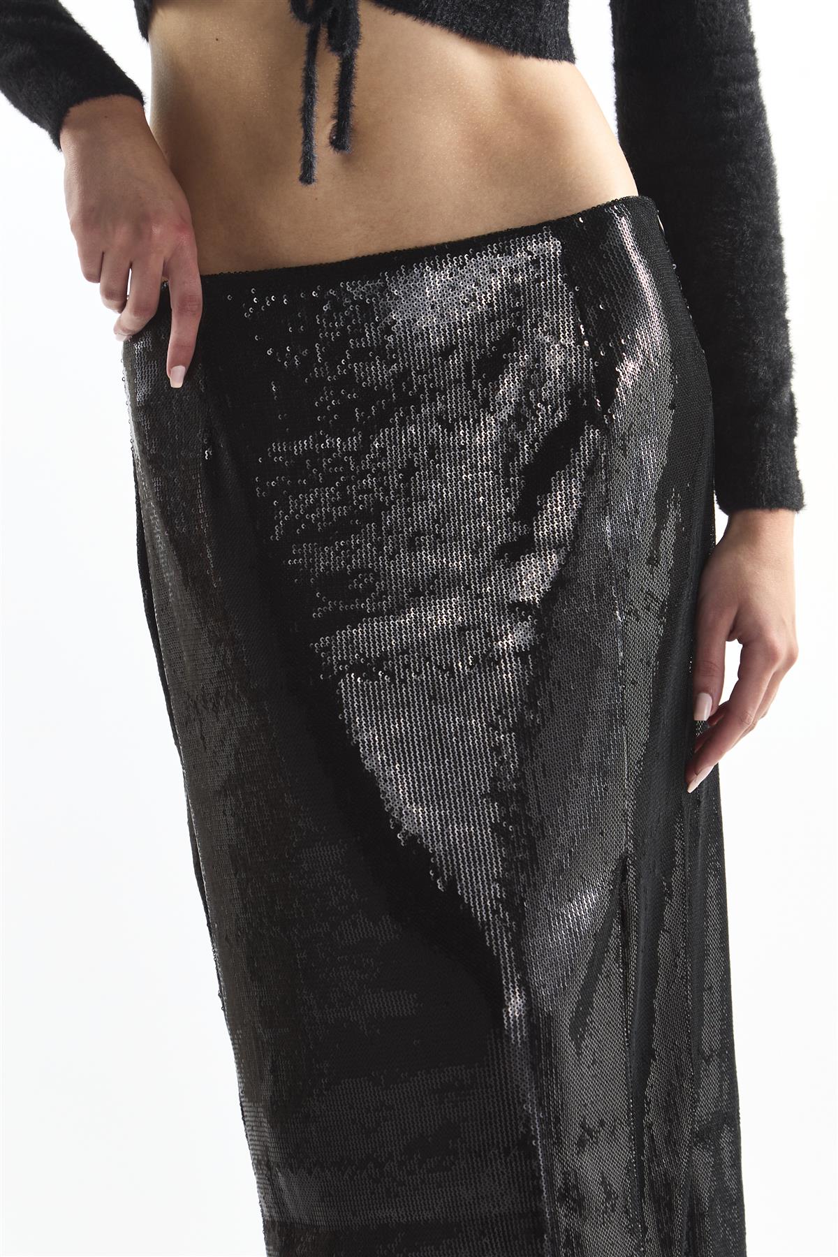 Black Sequin Leg-Split Midi Skirt - Image 4