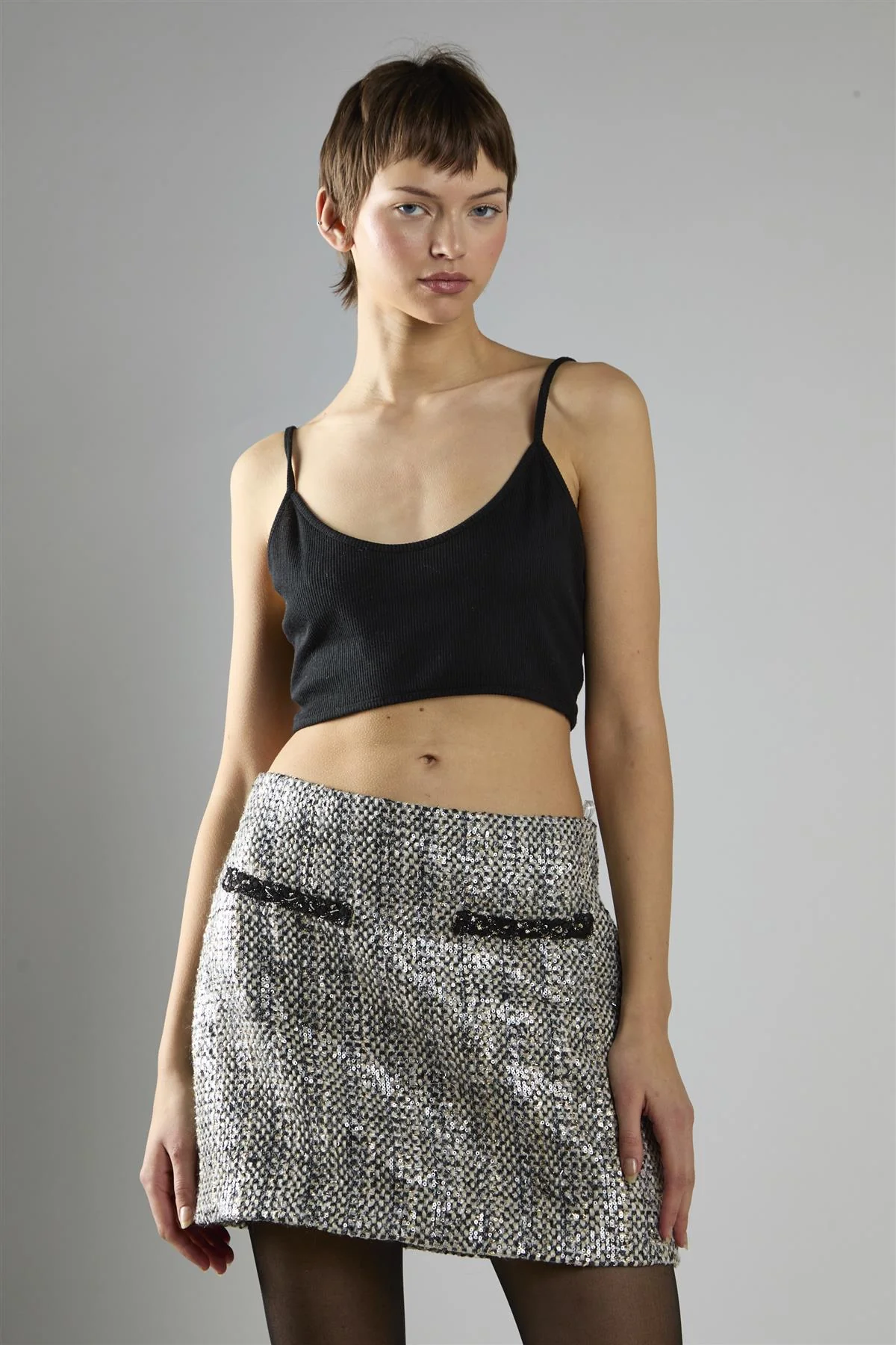 Black Sequin Tweed Mid-Rise Mini Skirt - Image 3