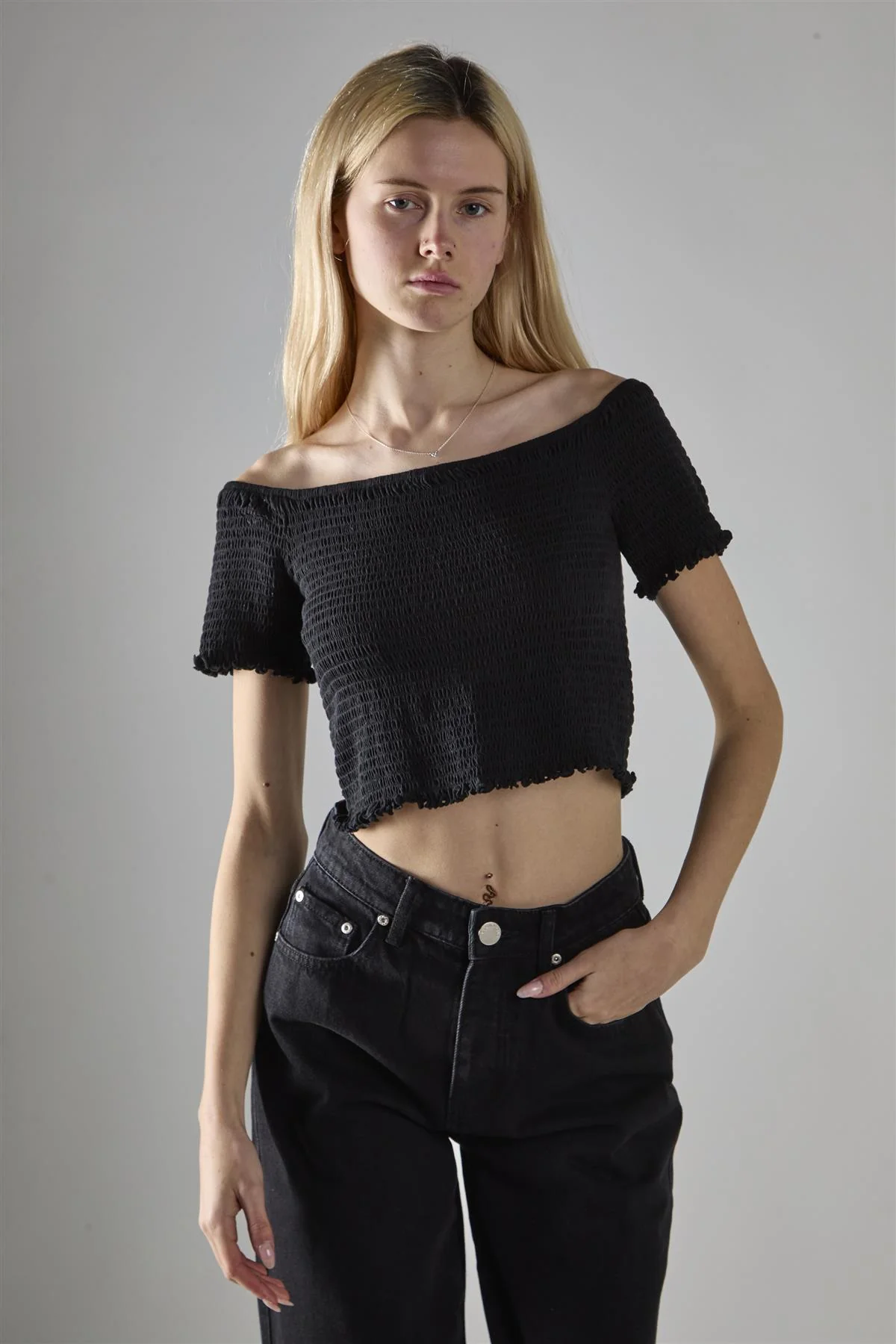 Black Shirred Bardot Crop-Top - Image 3