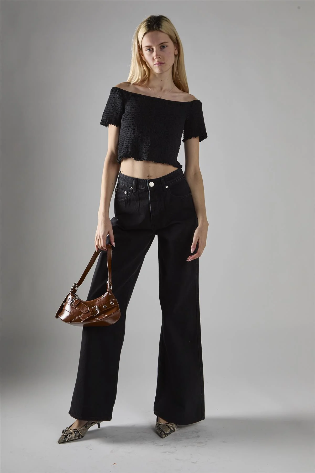 Black Shirred Bardot Crop-Top - Image 5