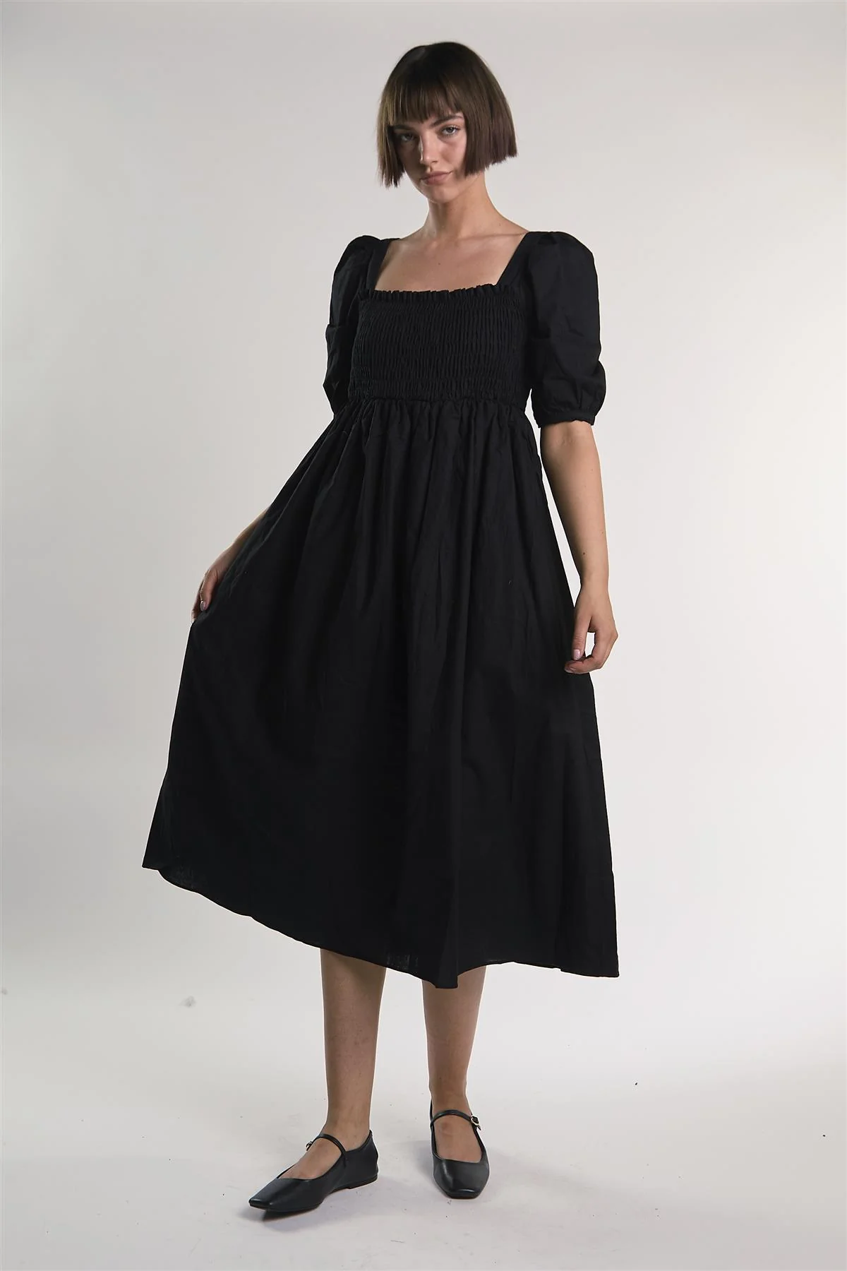 Black Shirred-Front Midi-Dress - Image 5
