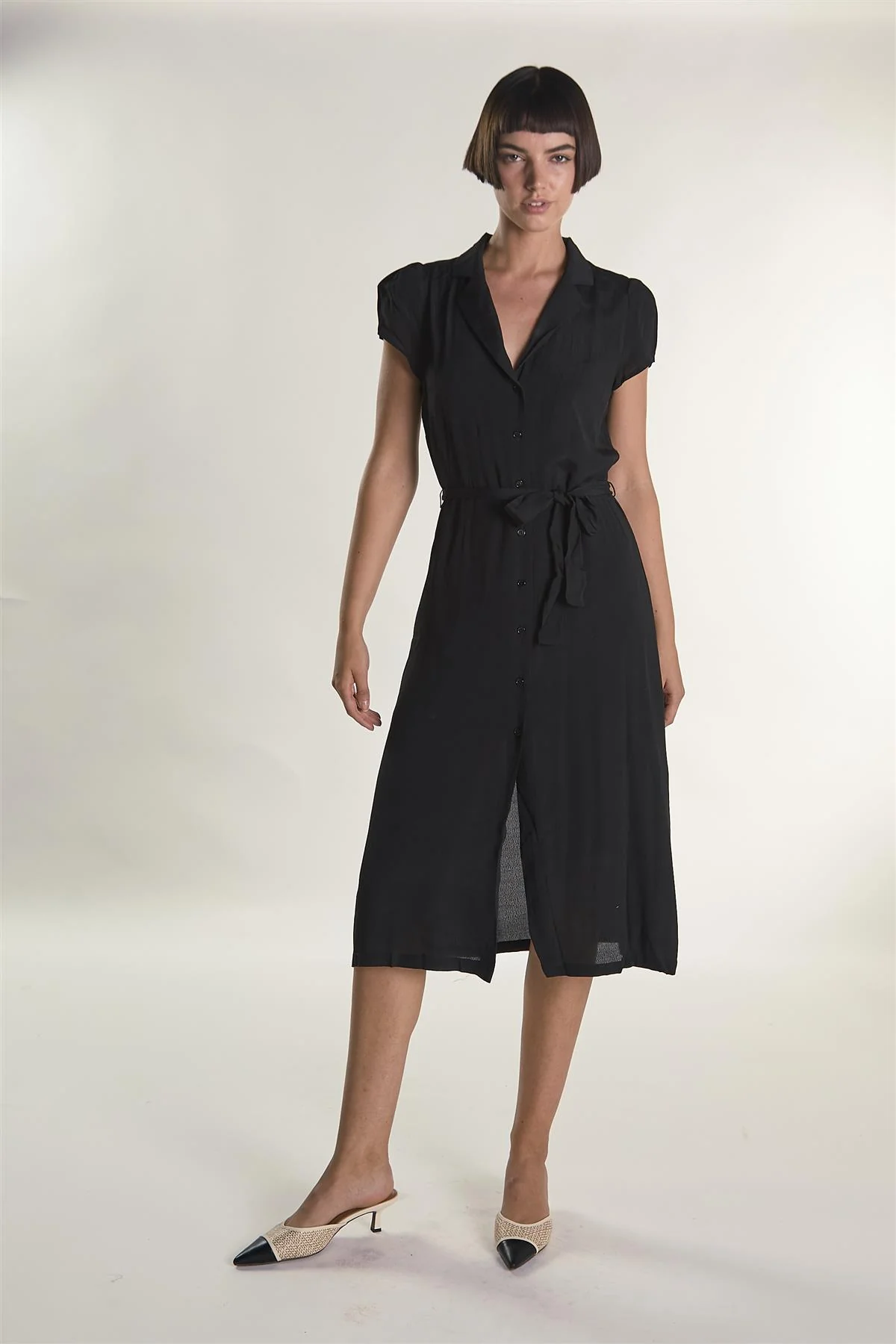 Black Short-Sleeve-Button-Front-Wrap Midi-Dress