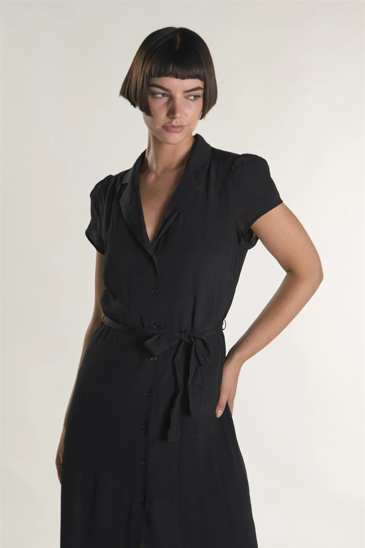 Black Short-Sleeve-Button-Front-Wrap Midi-Dress - Image 3