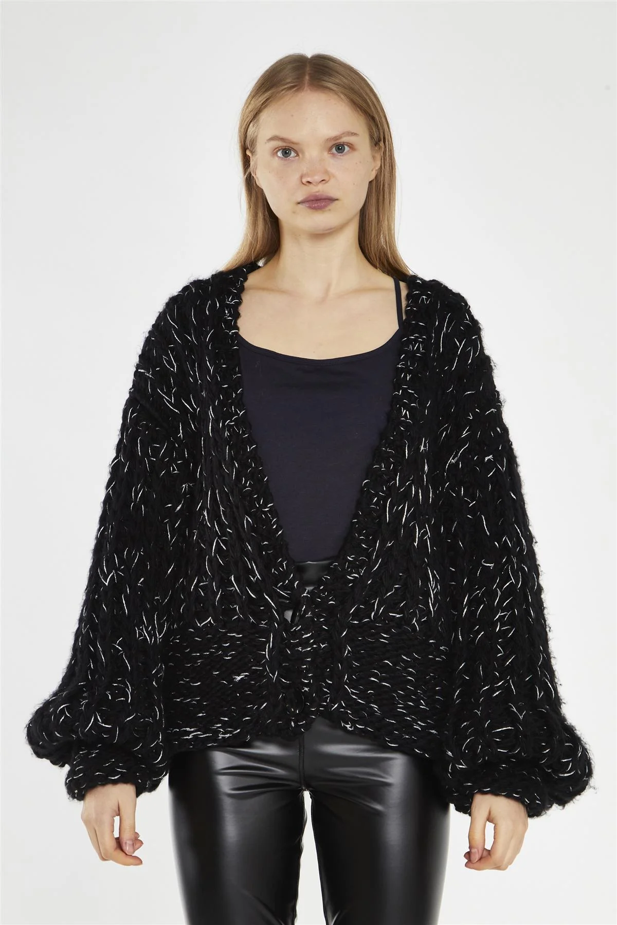 Black Silver-Fleck Cable-Knit Cardigan - Image 3