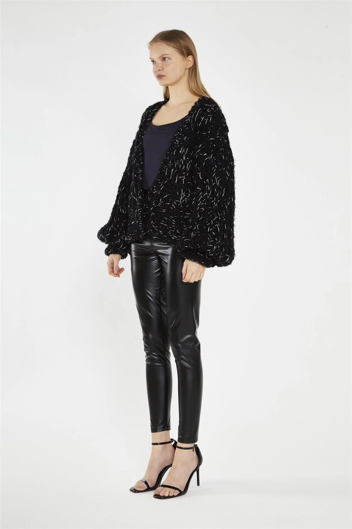 Black Silver-Fleck Cable-Knit Cardigan - Image 4