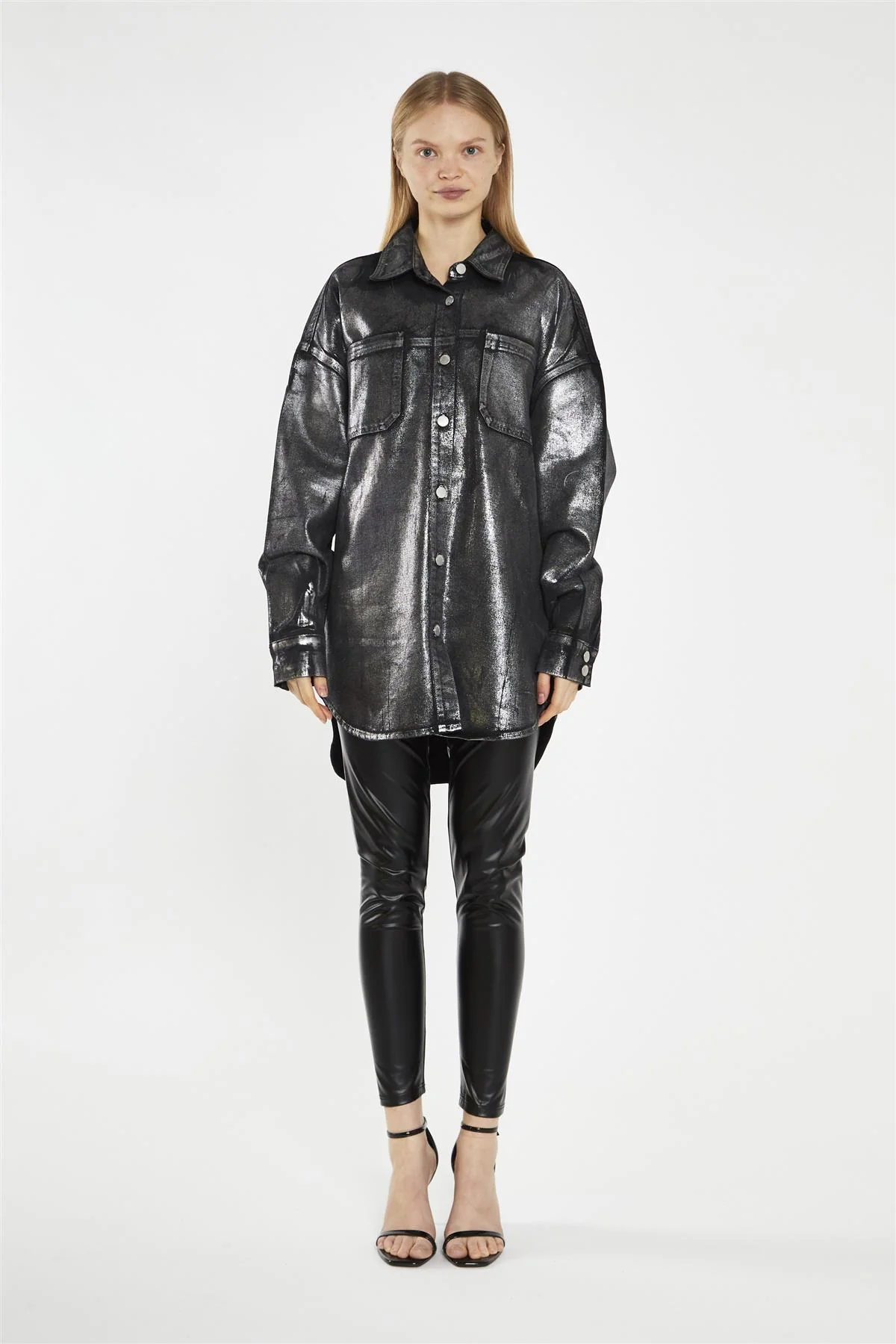 Black-Silver Foil Denim Oversized-Shirt