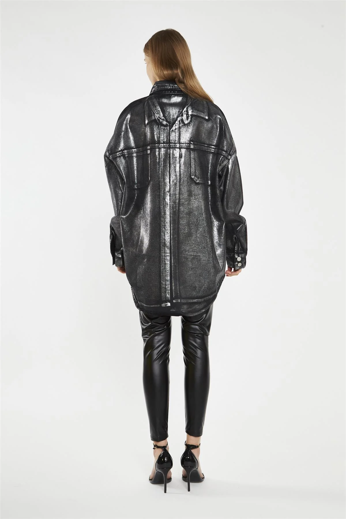 Black-Silver Foil Denim Oversized-Shirt - Image 2