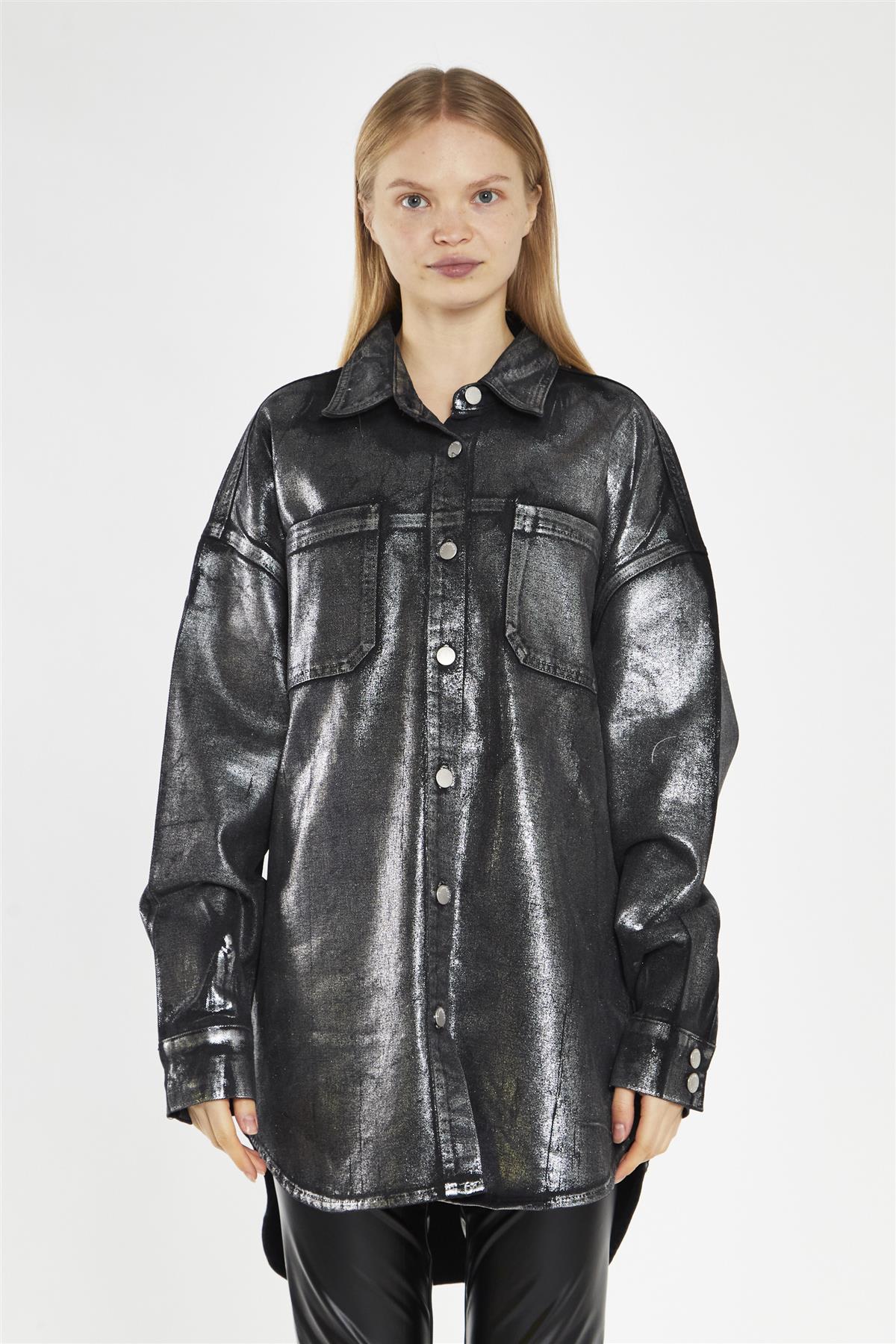 Black-Silver Foil Denim Oversized-Shirt - Image 3