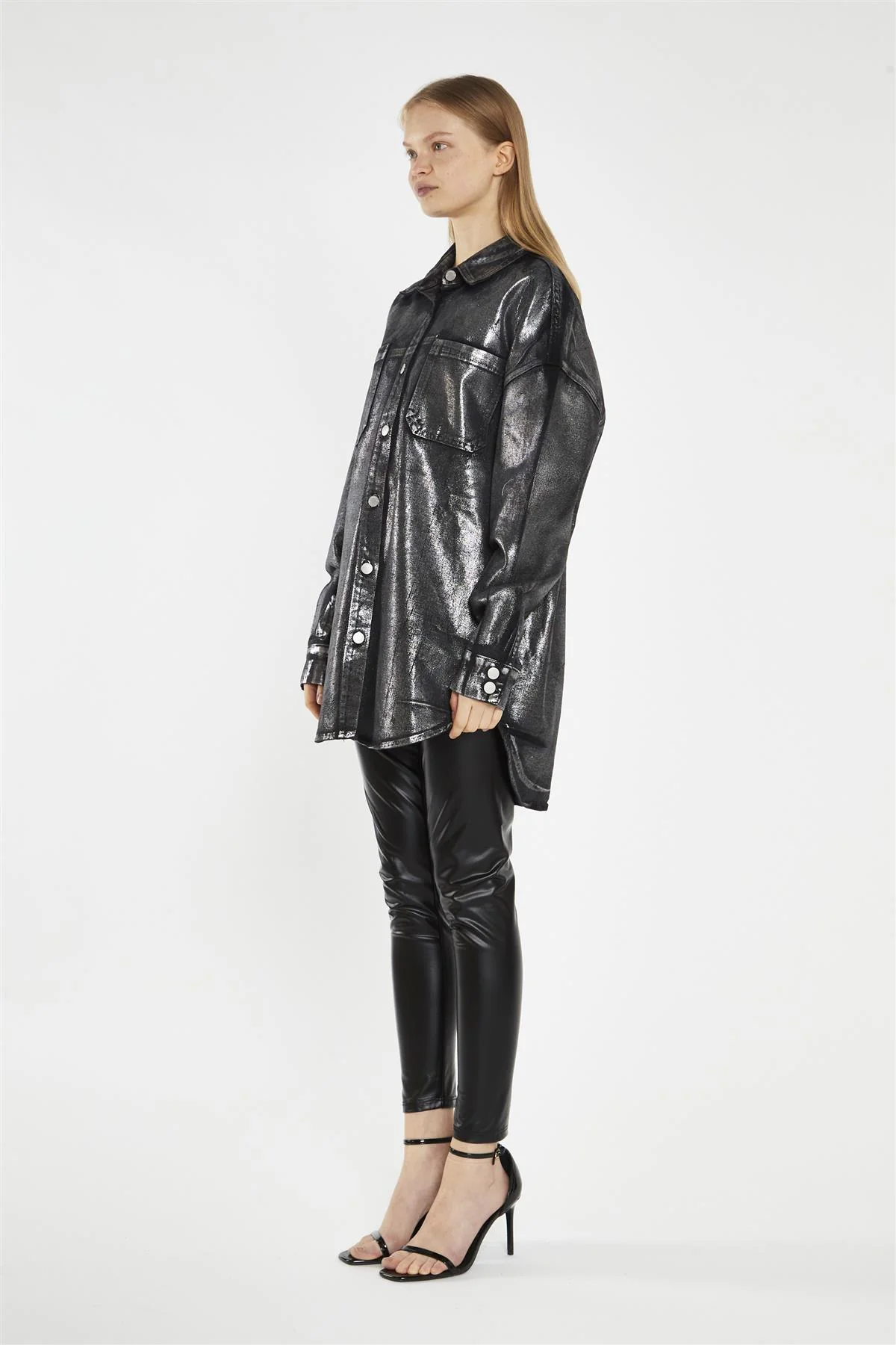 Black-Silver Foil Denim Oversized-Shirt - Image 4