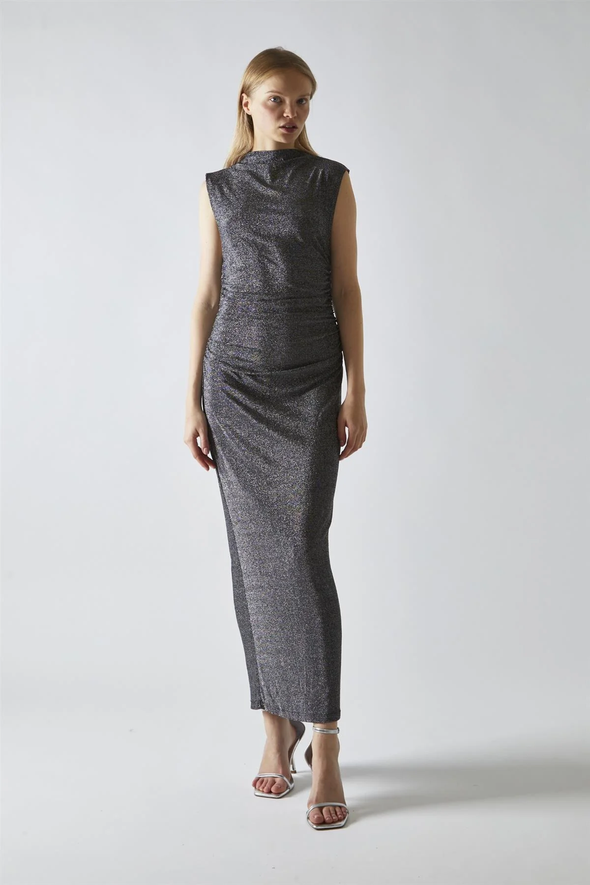 Black-Silver Glitter Ruched Midaxi-Dress - Image 4