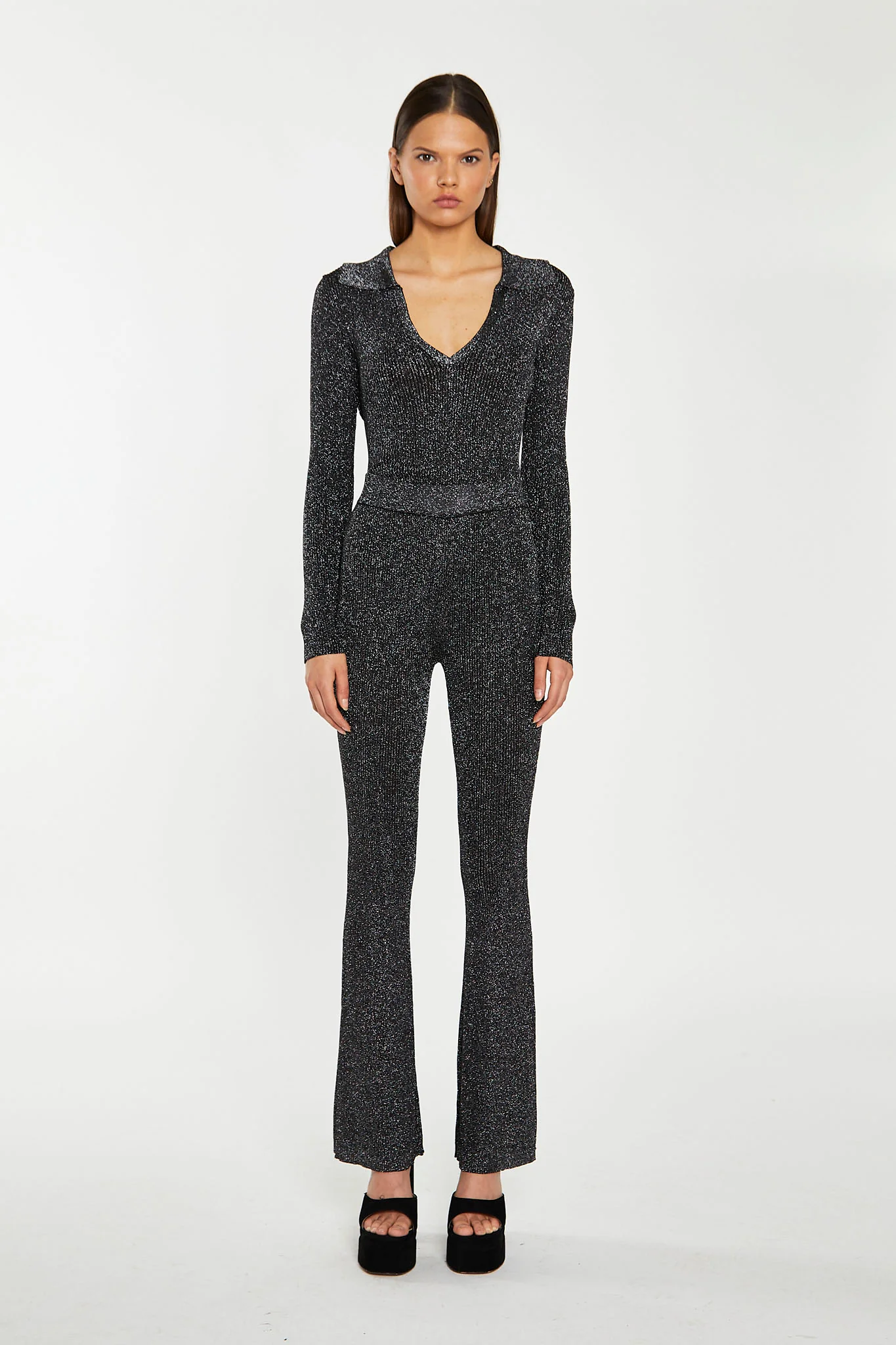 Black-Silver Rib Collared V-Neck -Bodysuit - Image 3