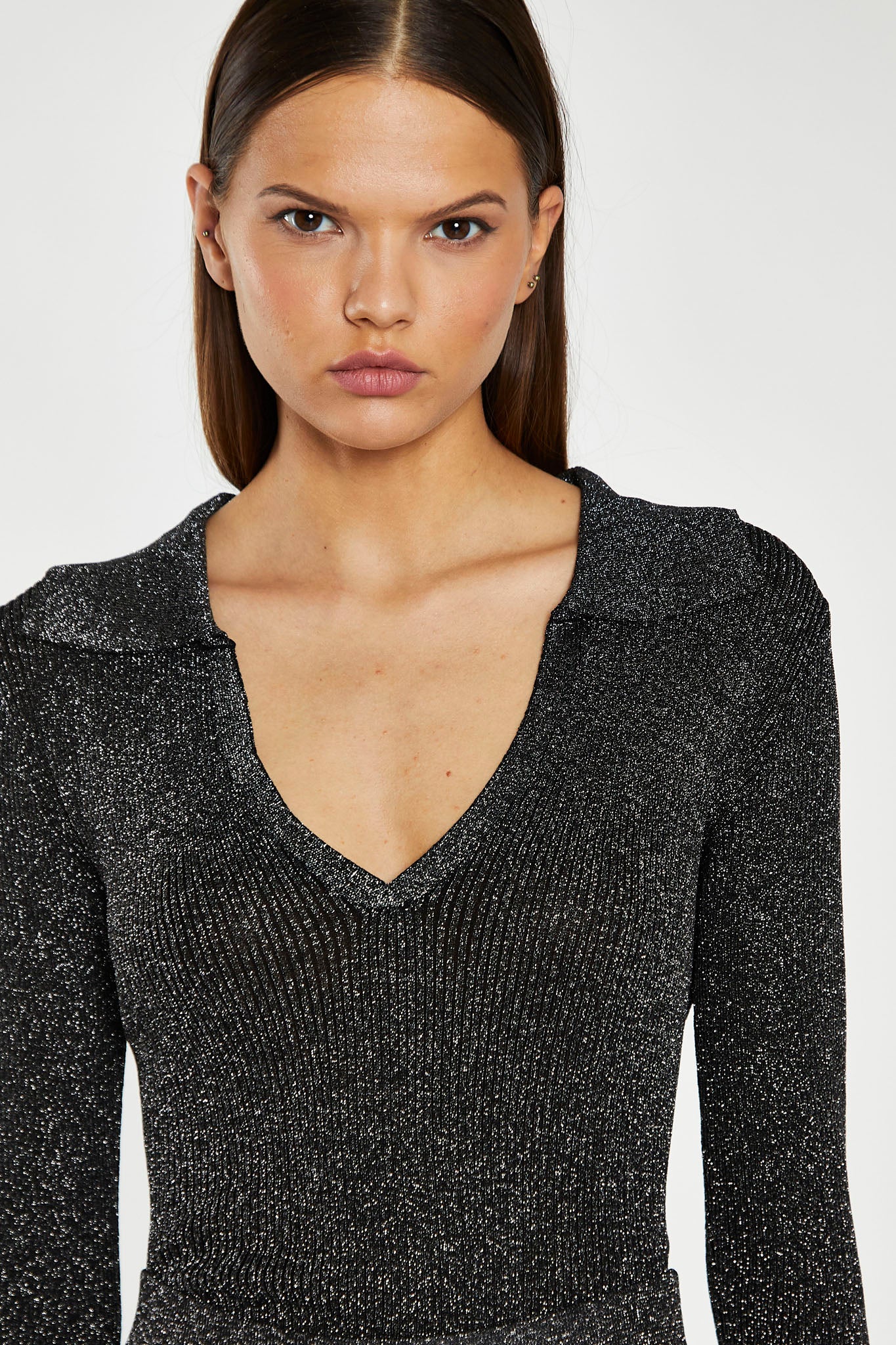 Black-Silver Rib Collared V-Neck -Bodysuit - Image 4