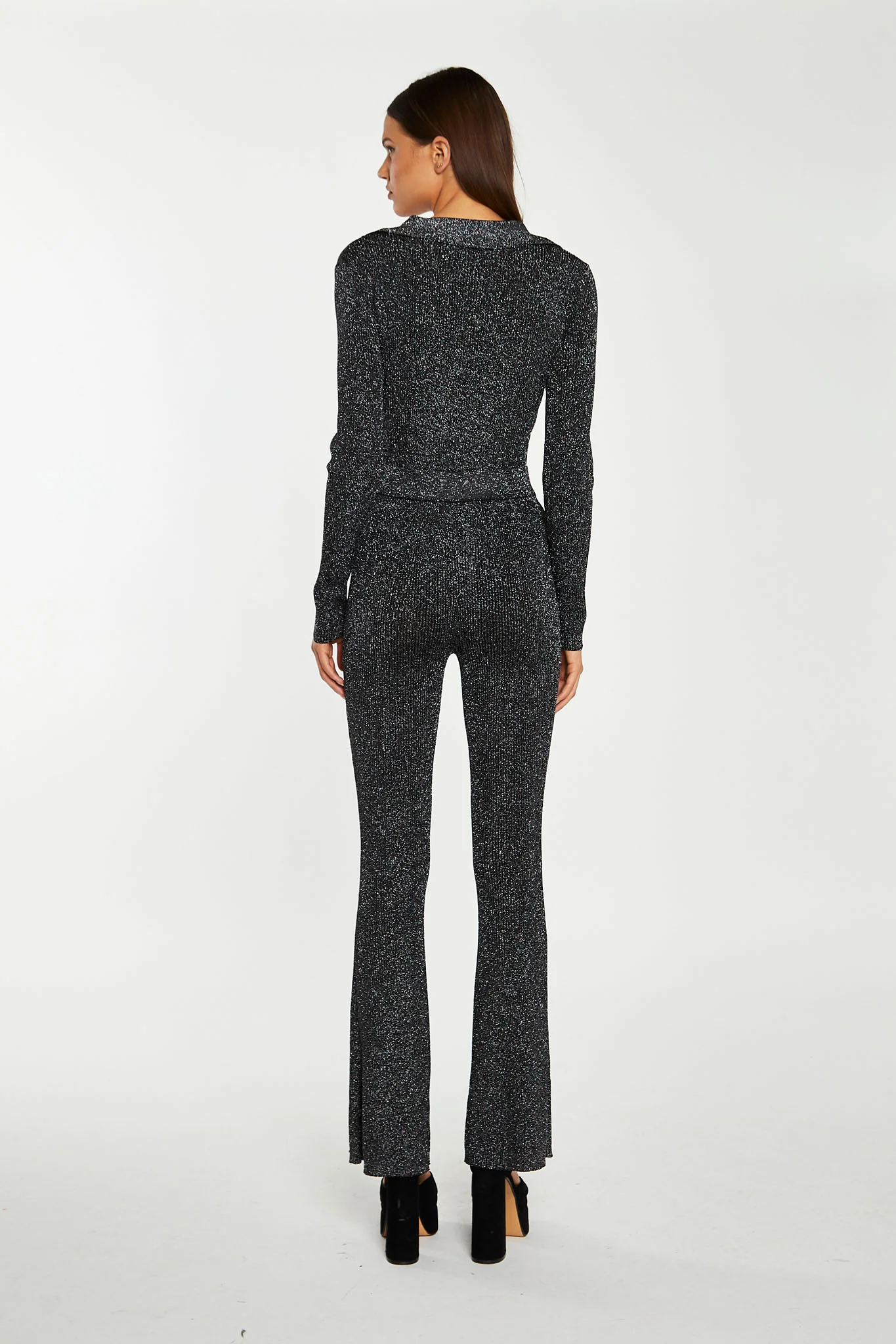 Black-Silver Rib Flared Trousers - Image 2