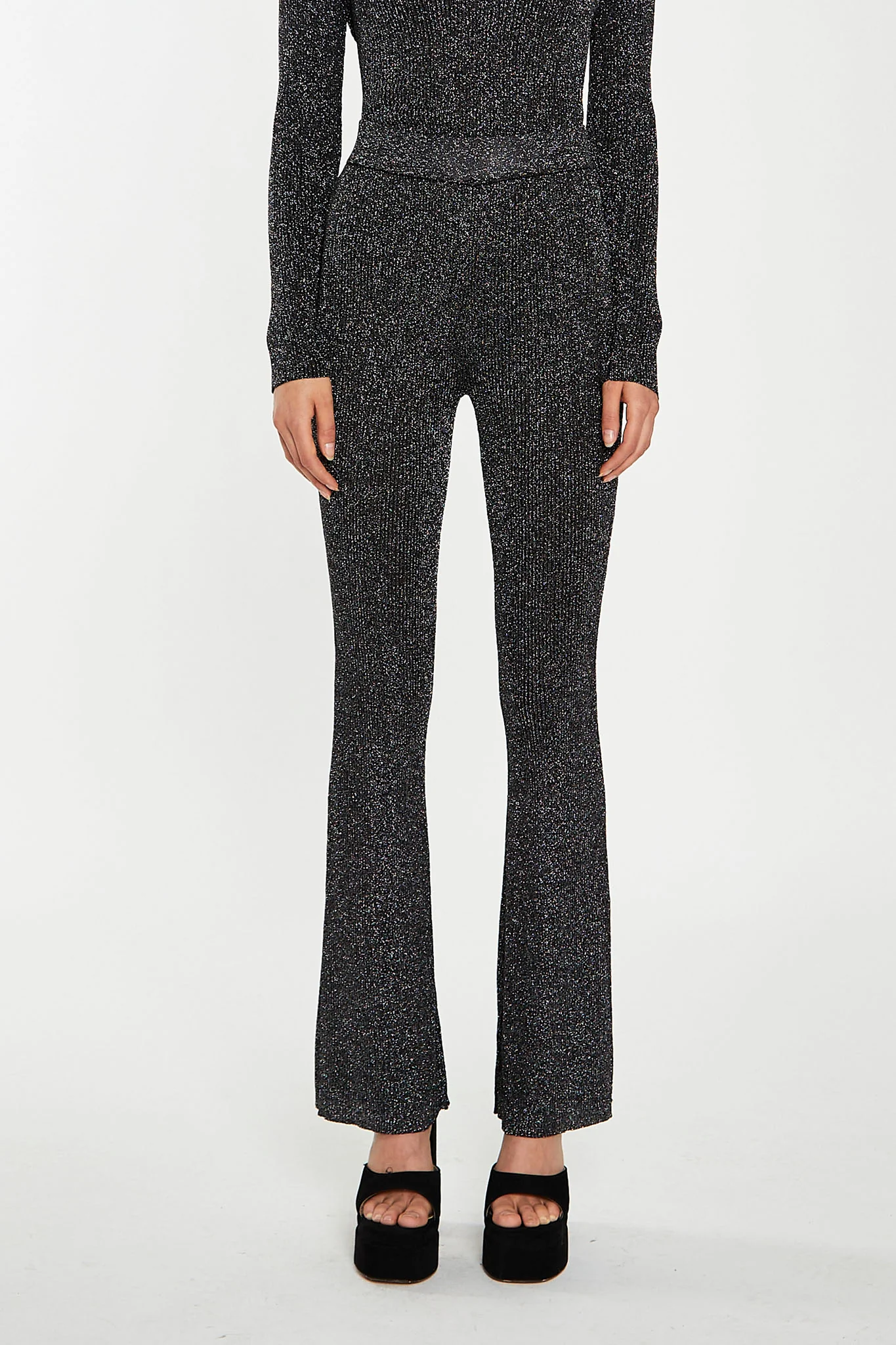 Black-Silver Rib Flared Trousers - Image 4
