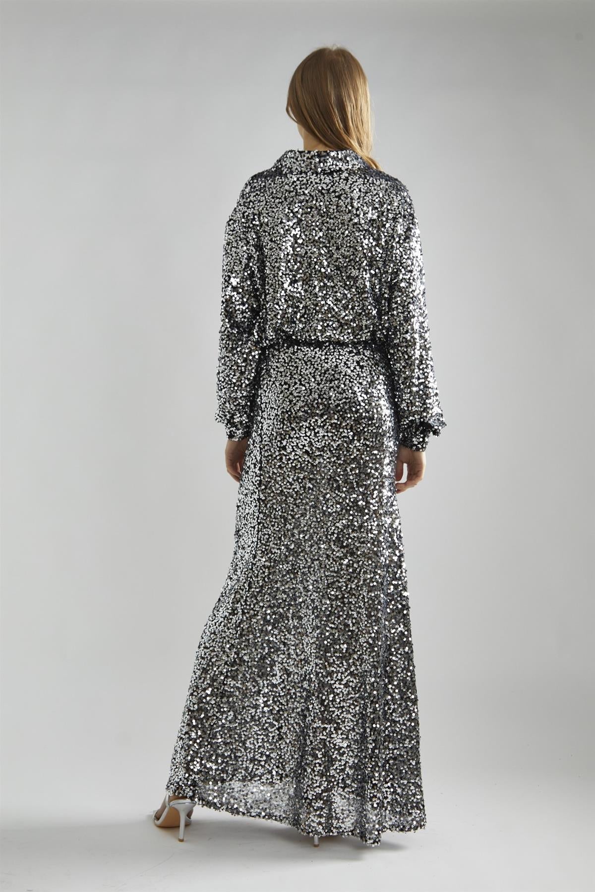 Black-Silver Sequin Bias-Cut Maxi-Skirt - Image 2