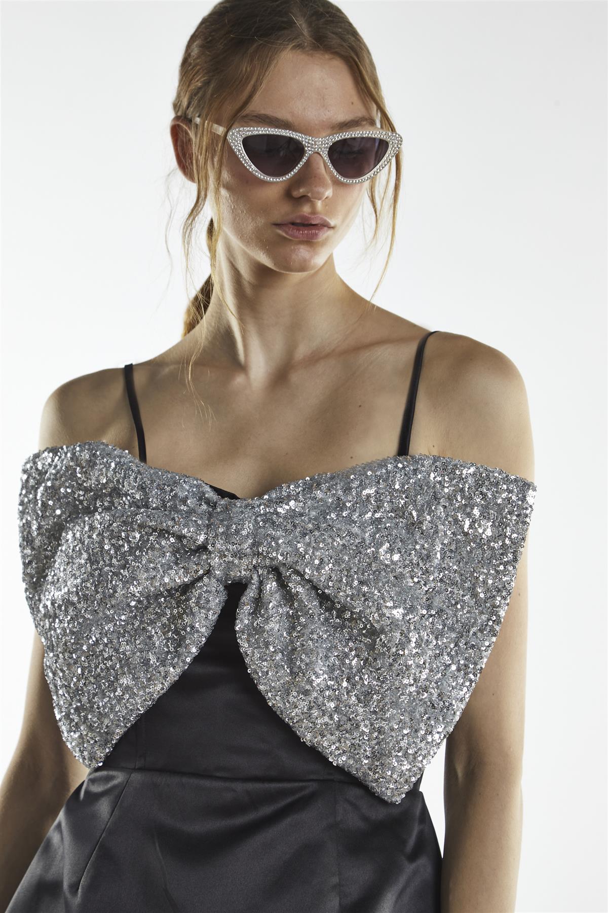 Black Silver Sequin Bow Mini-Dress - Image 3