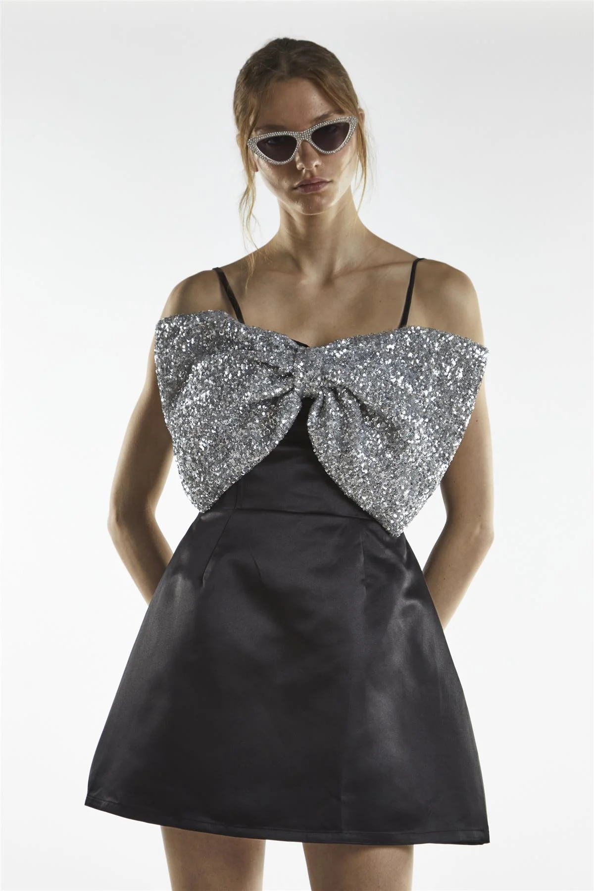 Black Silver Sequin Bow Mini-Dress - Image 4